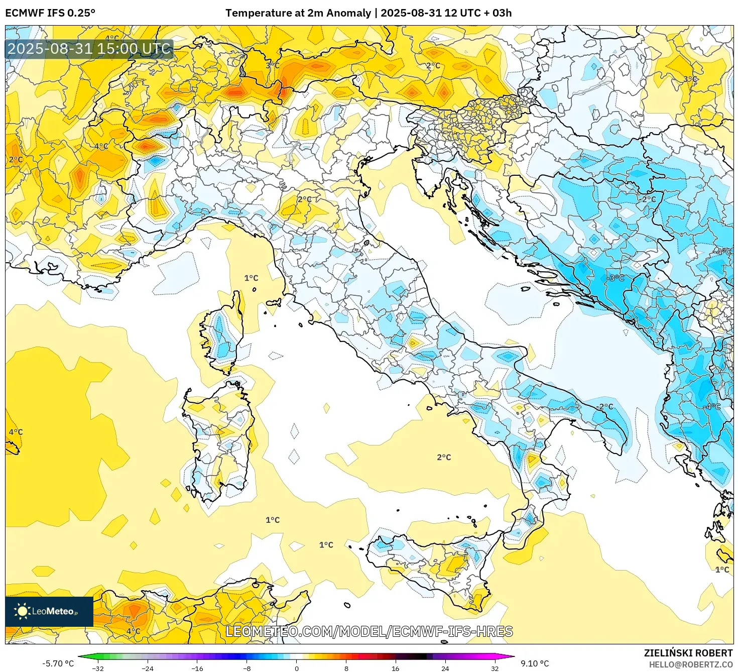 ECMWF IFS 0.25° model - Italy, Temperature at 2m Anomaly ECMWF IFS 0.25° model - Italy, Temperature at 2m Anomaly