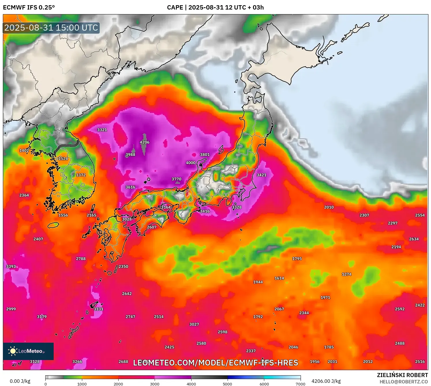 ECMWF IFS 0.25° model - Japan, CAPE ECMWF IFS 0.25° model - Japan, CAPE
