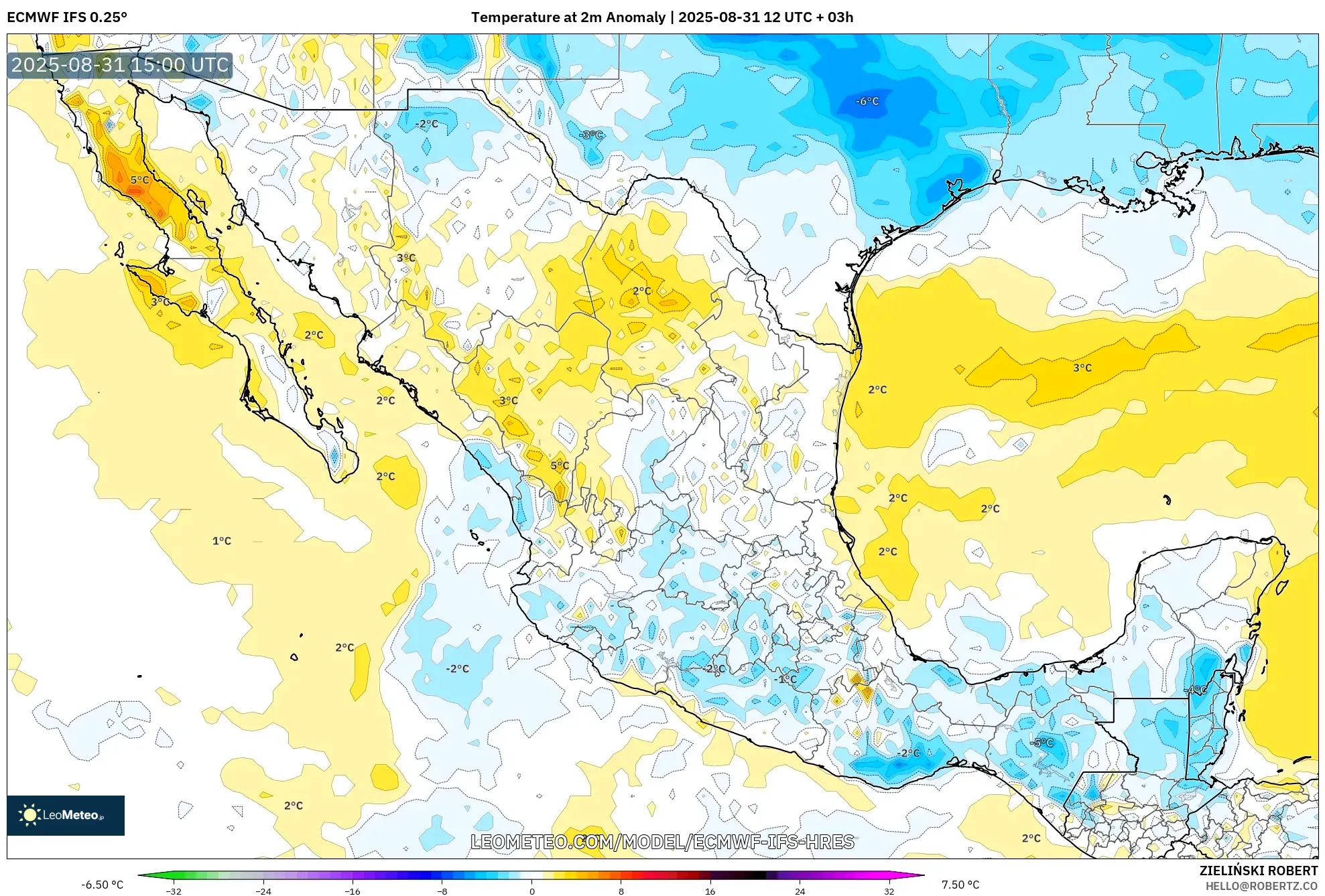ECMWF IFS 0.25° model - Mexico, Temperature at 2m Anomaly ECMWF IFS 0.25° model - Mexico, Temperature at 2m Anomaly