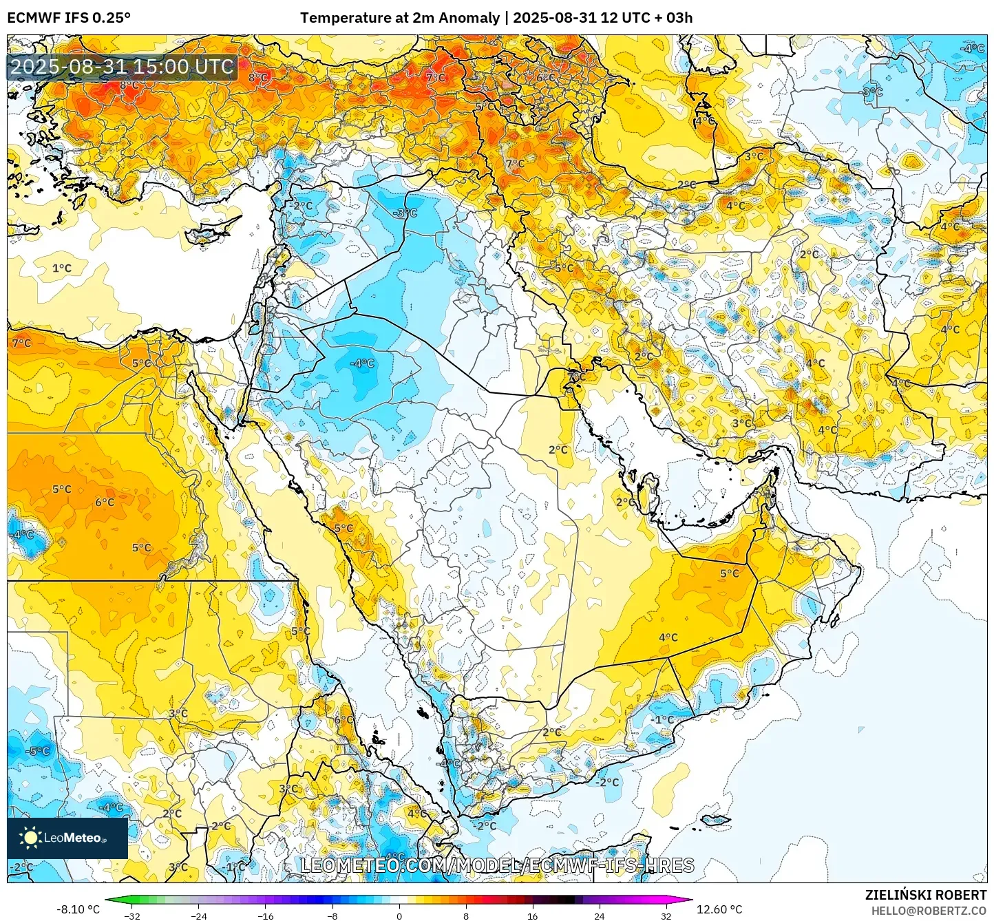 ECMWF IFS 0.25° model - Middle East, Temperature at 2m Anomaly ECMWF IFS 0.25° model - Middle East, Temperature at 2m Anomaly