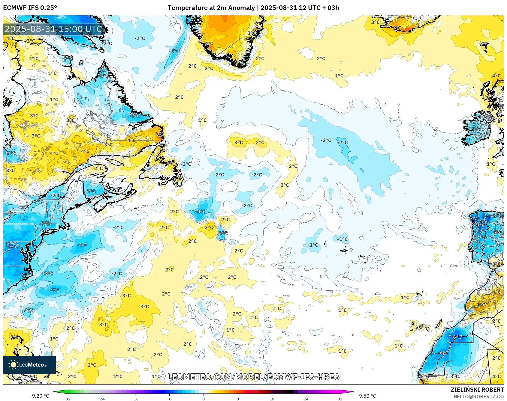 ECMWF IFS 0.25° model - North Atlantic, Temperature at 2m Anomaly ECMWF IFS 0.25° model - North Atlantic, Temperature at 2m Anomaly