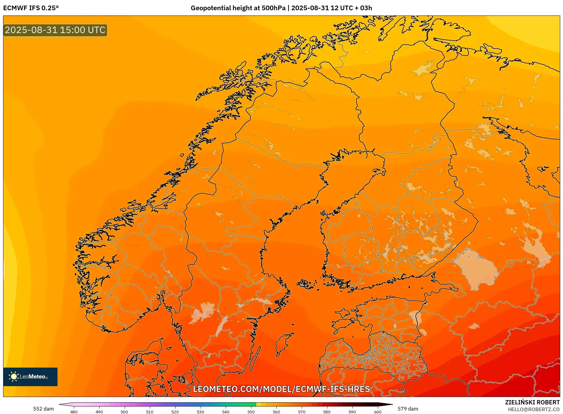 ECMWF IFS 0.25° model - Scandinavia, Geopotential height at 500hPa ECMWF IFS 0.25° model - Scandinavia, Geopotential height at 500hPa