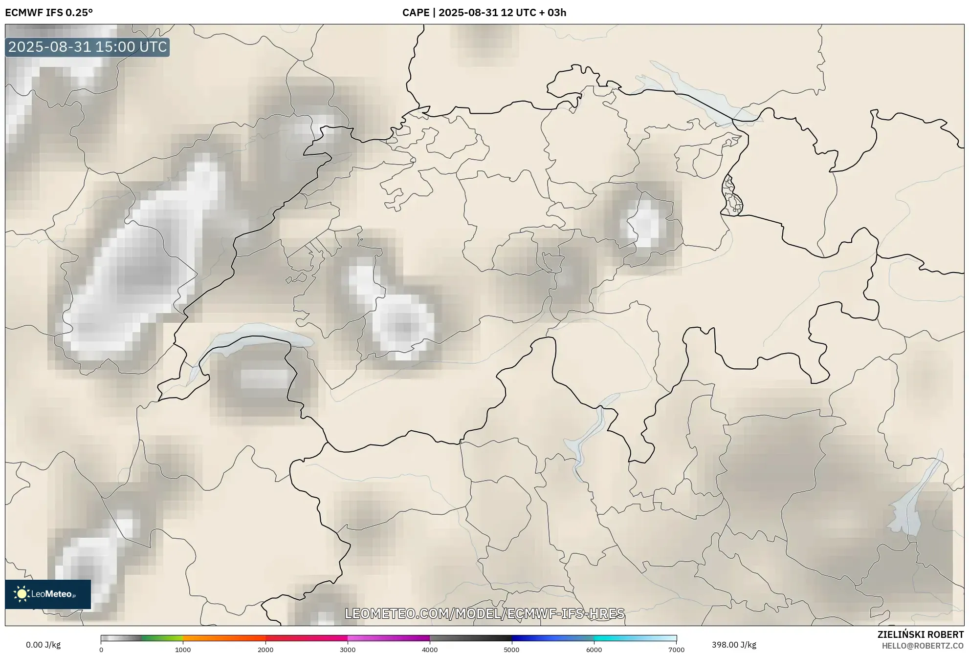 ECMWF IFS 0.25° model - Switzerland, CAPE ECMWF IFS 0.25° model - Switzerland, CAPE