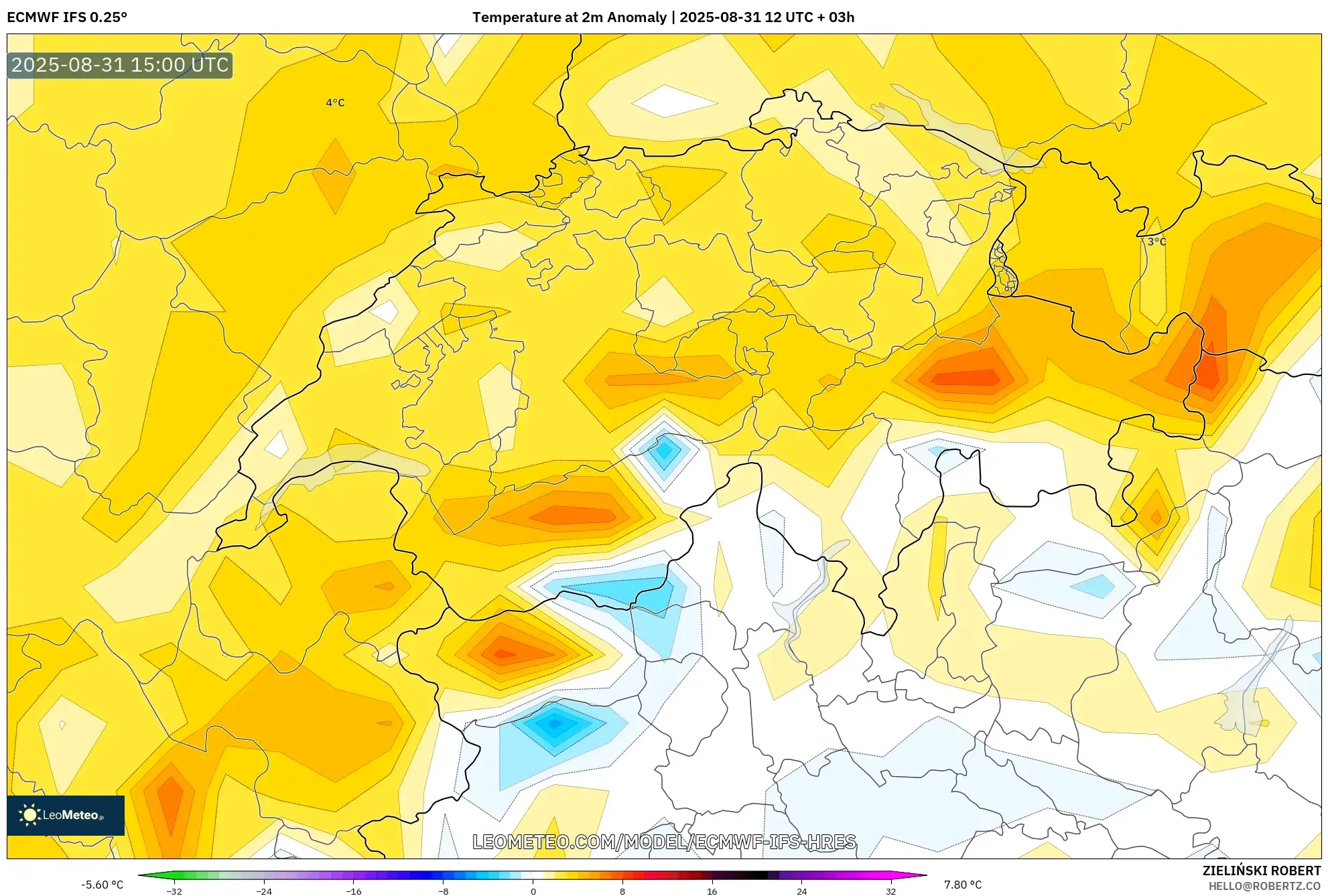 ECMWF IFS 0.25° model - Switzerland, Temperature at 2m Anomaly ECMWF IFS 0.25° model - Switzerland, Temperature at 2m Anomaly