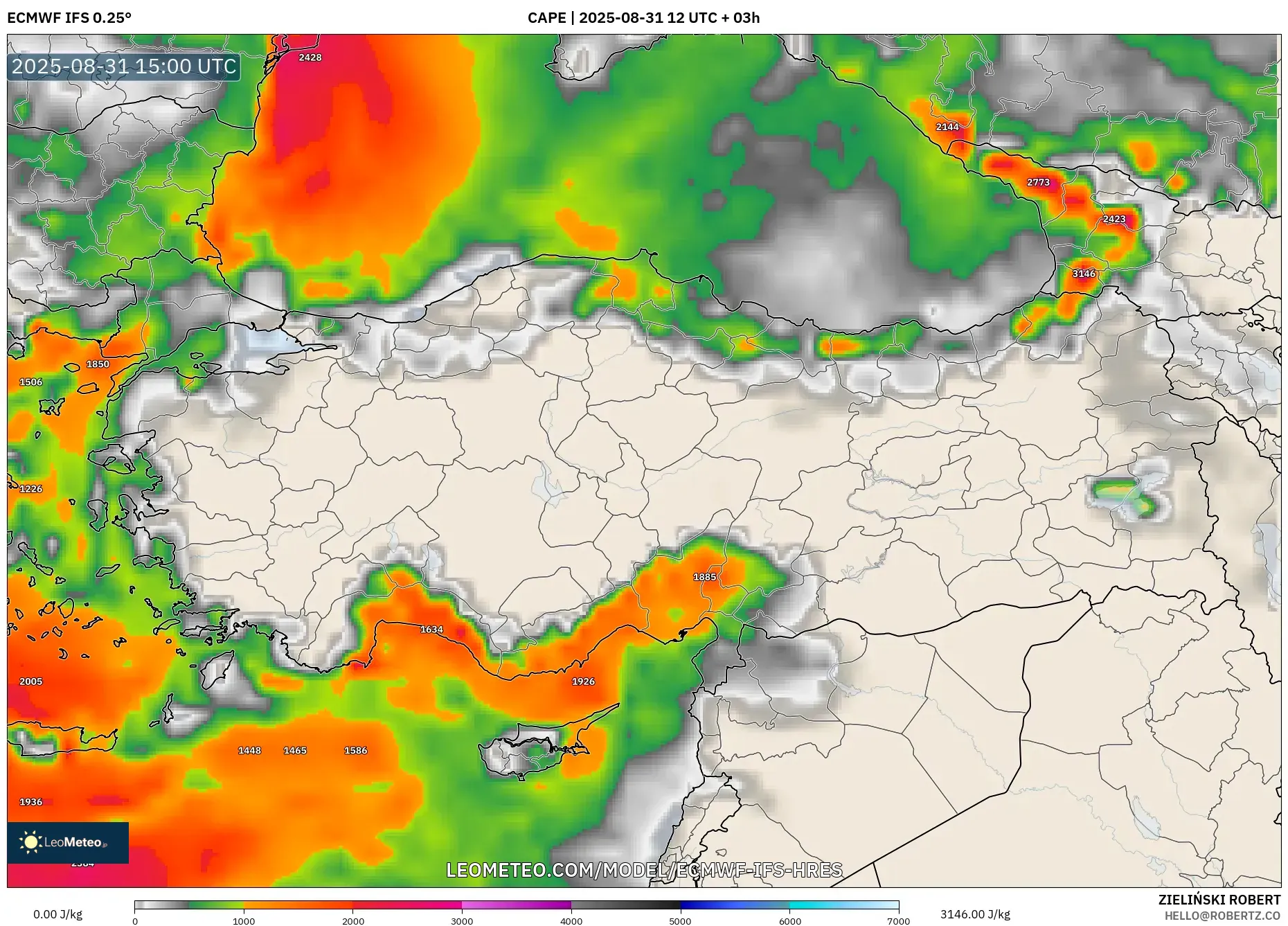 ECMWF IFS 0.25° model - Turkey, CAPE ECMWF IFS 0.25° model - Turkey, CAPE