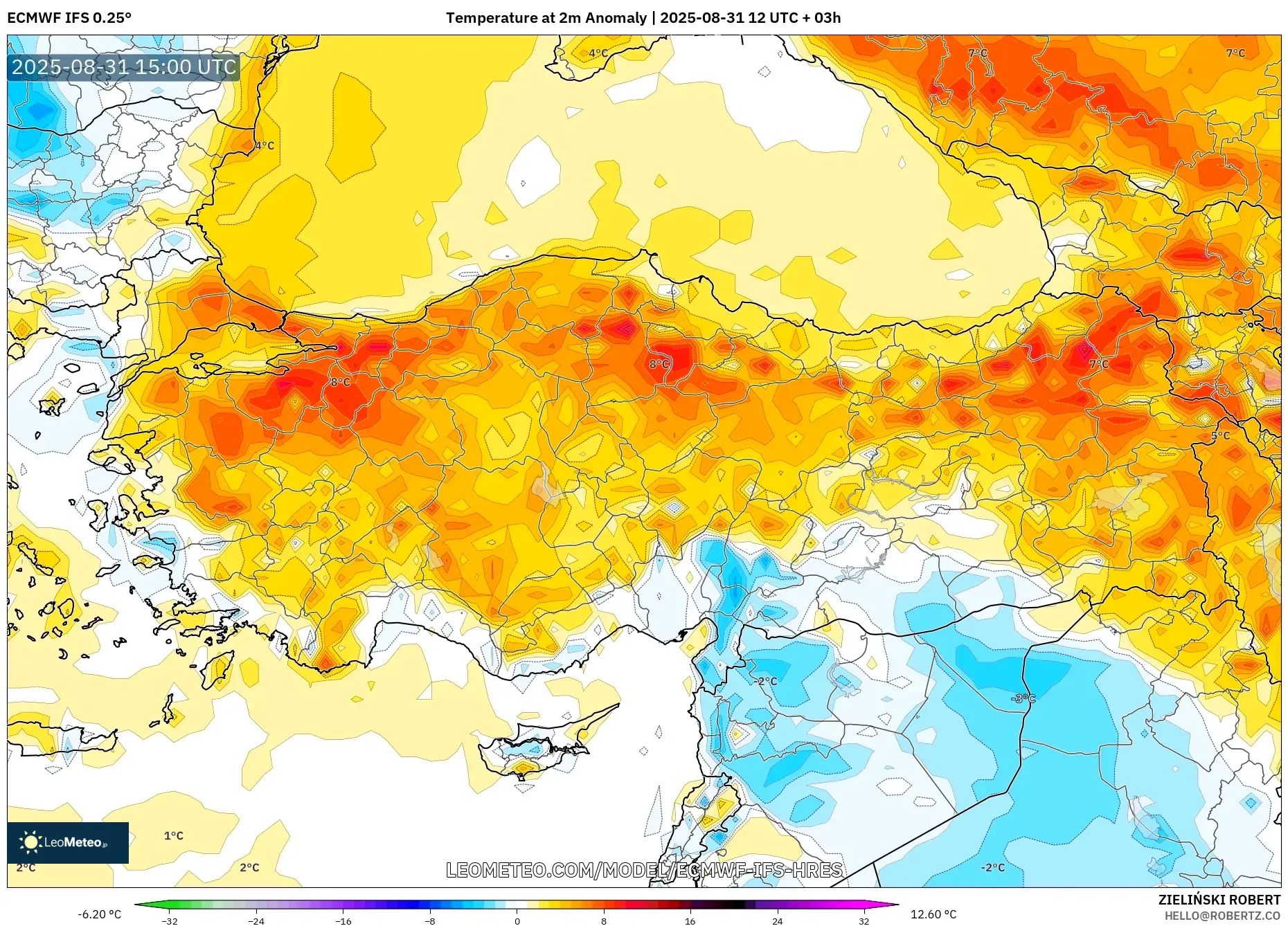 ECMWF IFS 0.25° model - Turkey, Temperature at 2m Anomaly ECMWF IFS 0.25° model - Turkey, Temperature at 2m Anomaly