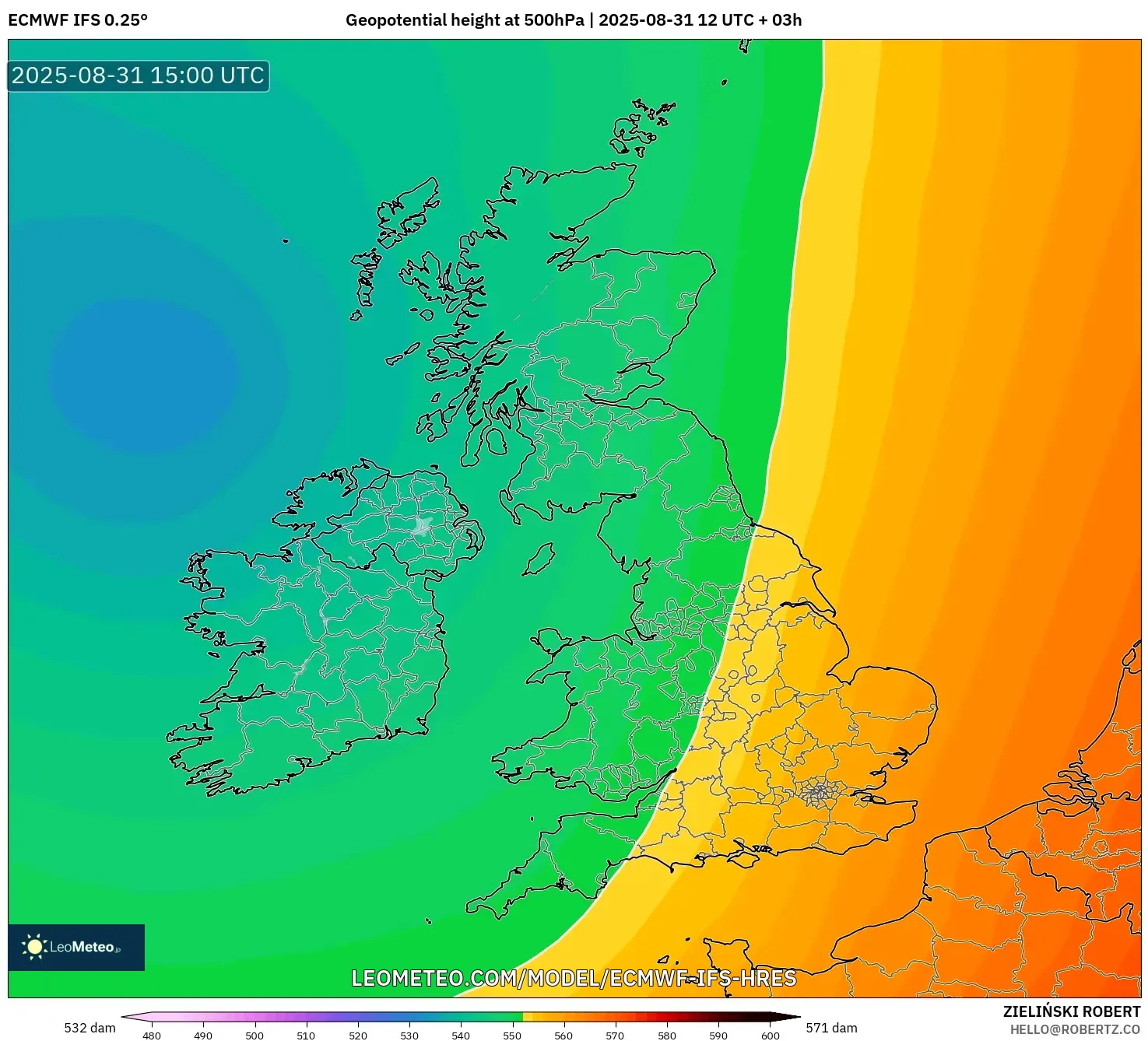 ECMWF IFS 0.25° model - United Kingdom, Geopotential height at 500hPa ECMWF IFS 0.25° model - United Kingdom, Geopotential height at 500hPa