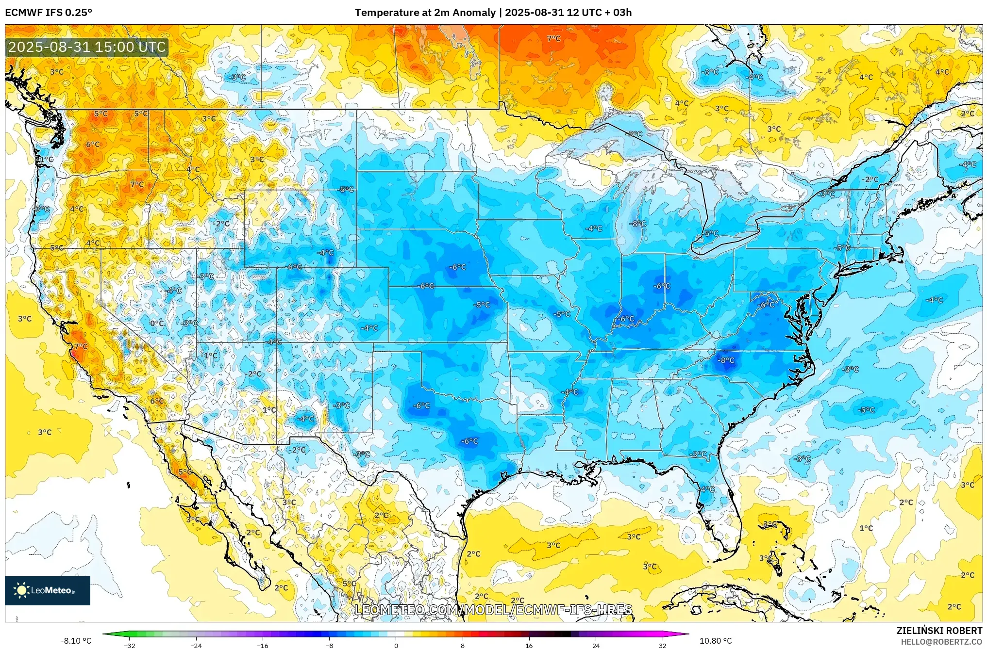 ECMWF IFS 0.25° model - United States, Temperature at 2m Anomaly ECMWF IFS 0.25° model - United States, Temperature at 2m Anomaly