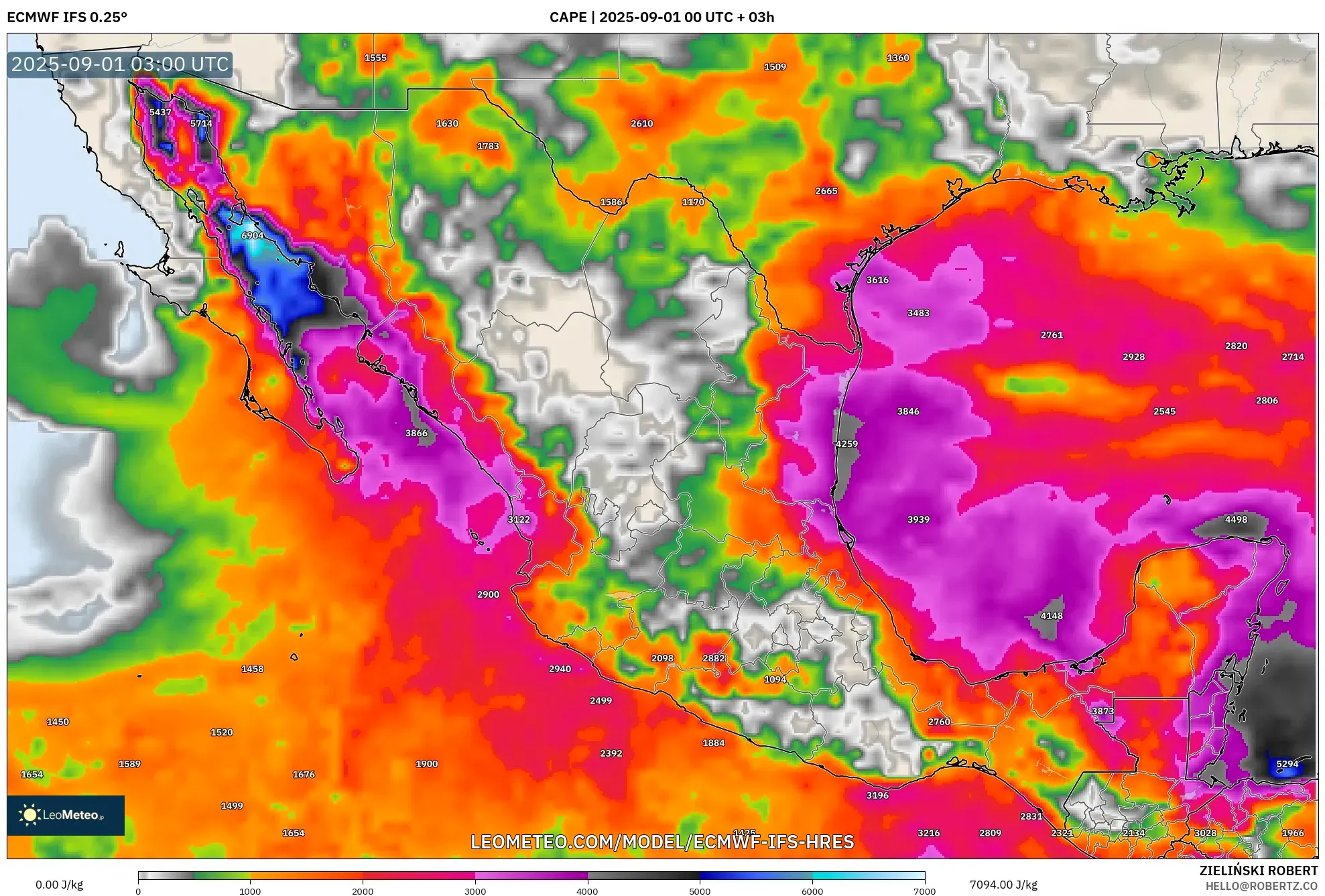 ECMWF IFS 0.25° model - Mexico, CAPE ECMWF IFS 0.25° model - Mexico, CAPE
