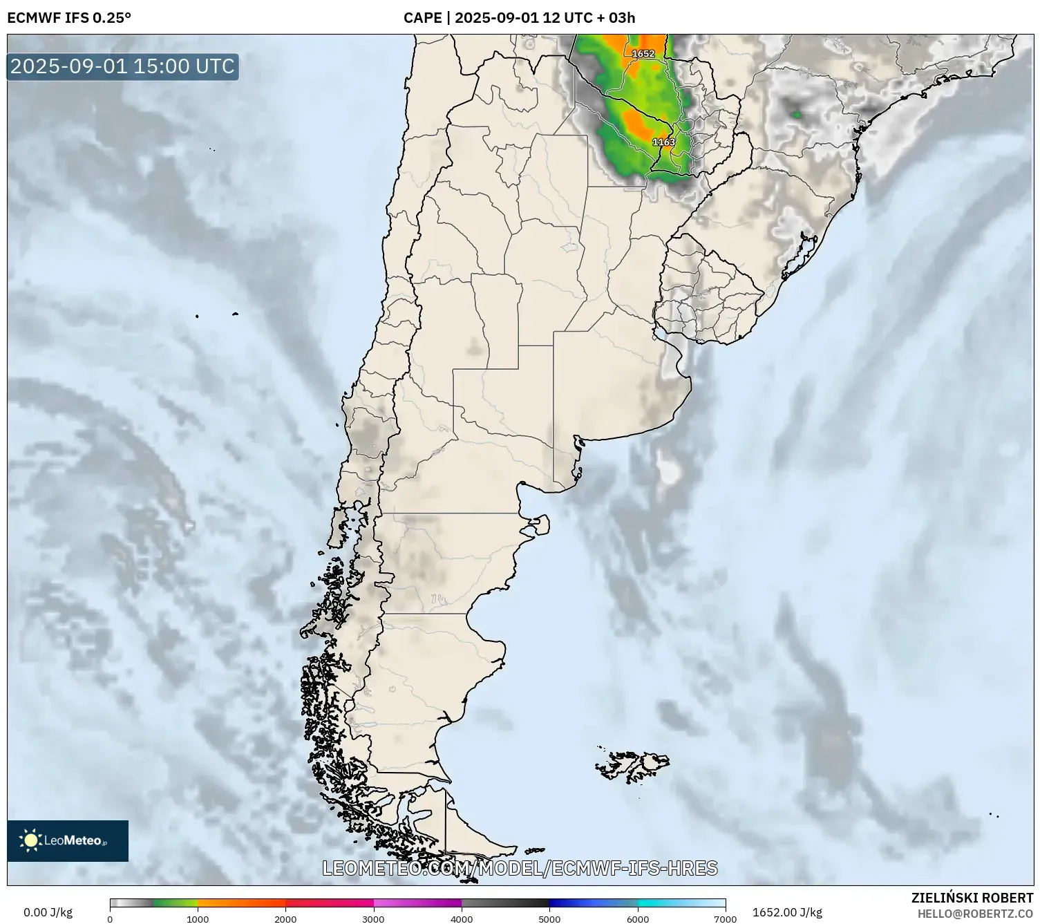 ECMWF IFS 0.25° model - Argentina, CAPE ECMWF IFS 0.25° model - Argentina, CAPE