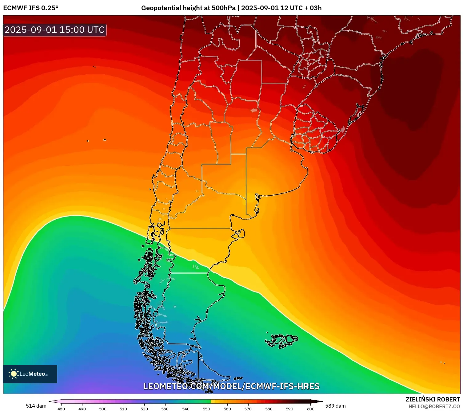 ECMWF IFS 0.25° model - Argentina, Geopotential height at 500hPa ECMWF IFS 0.25° model - Argentina, Geopotential height at 500hPa