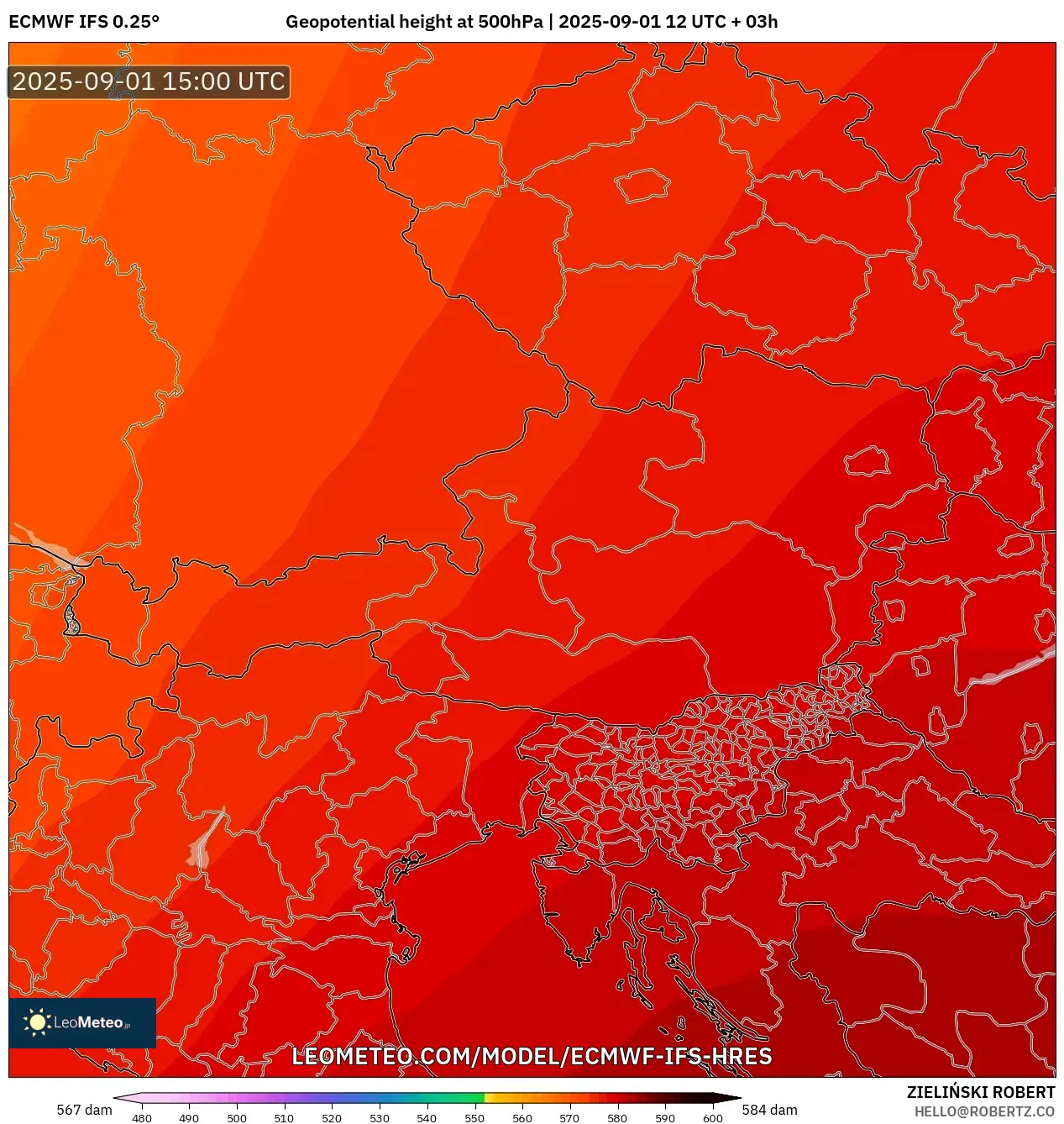 ECMWF IFS 0.25° model - Austria, Geopotential height at 500hPa ECMWF IFS 0.25° model - Austria, Geopotential height at 500hPa