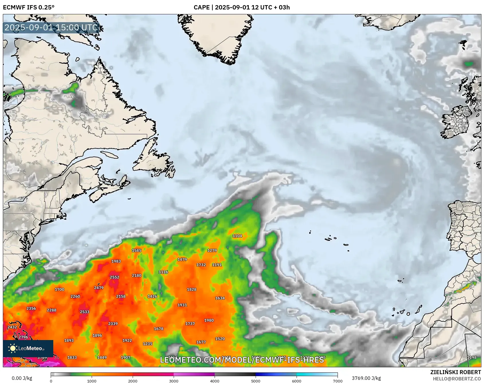 ECMWF IFS 0.25° model - North Atlantic, CAPE ECMWF IFS 0.25° model - North Atlantic, CAPE