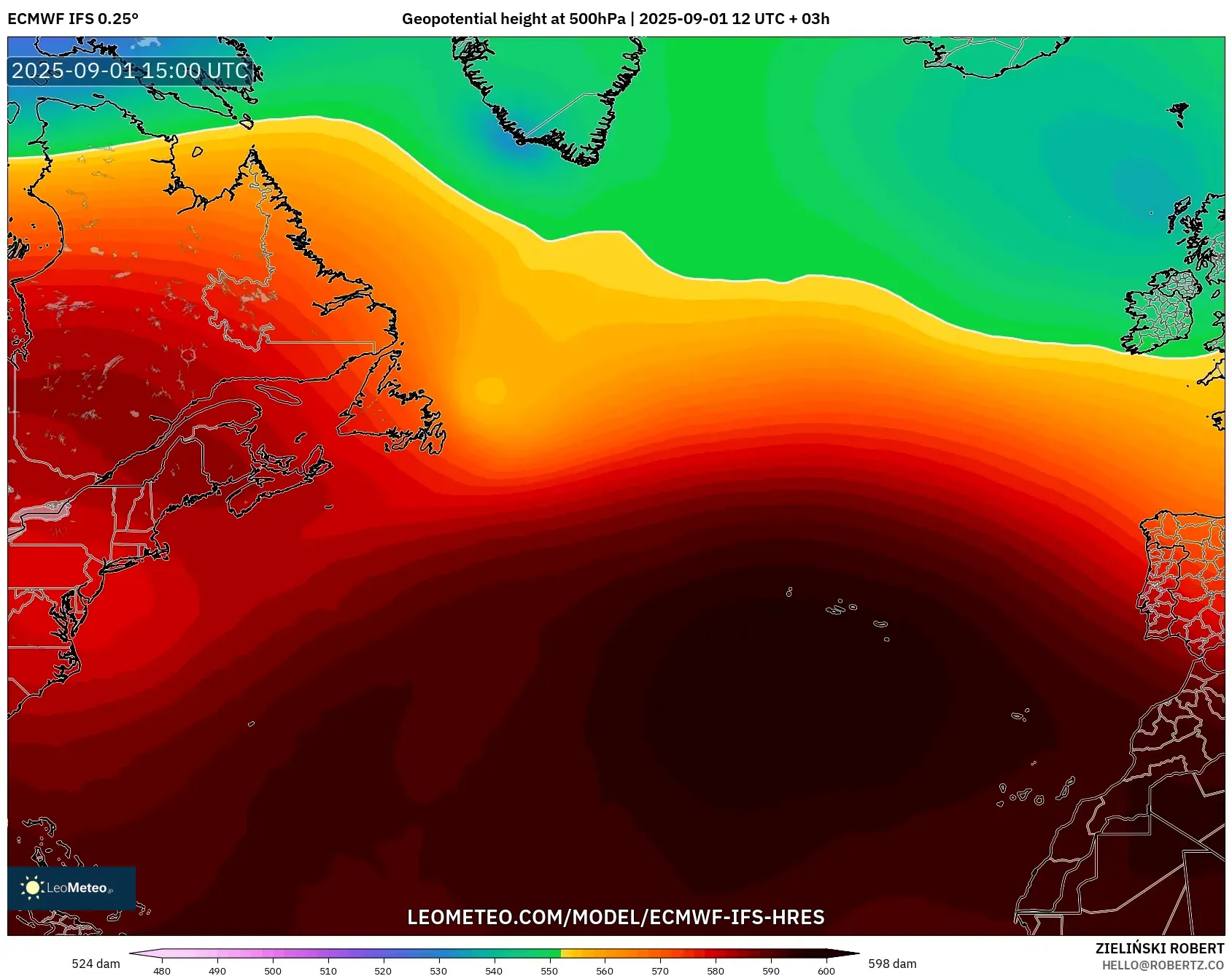 ECMWF IFS 0.25° model - North Atlantic, Geopotential height at 500hPa ECMWF IFS 0.25° model - North Atlantic, Geopotential height at 500hPa