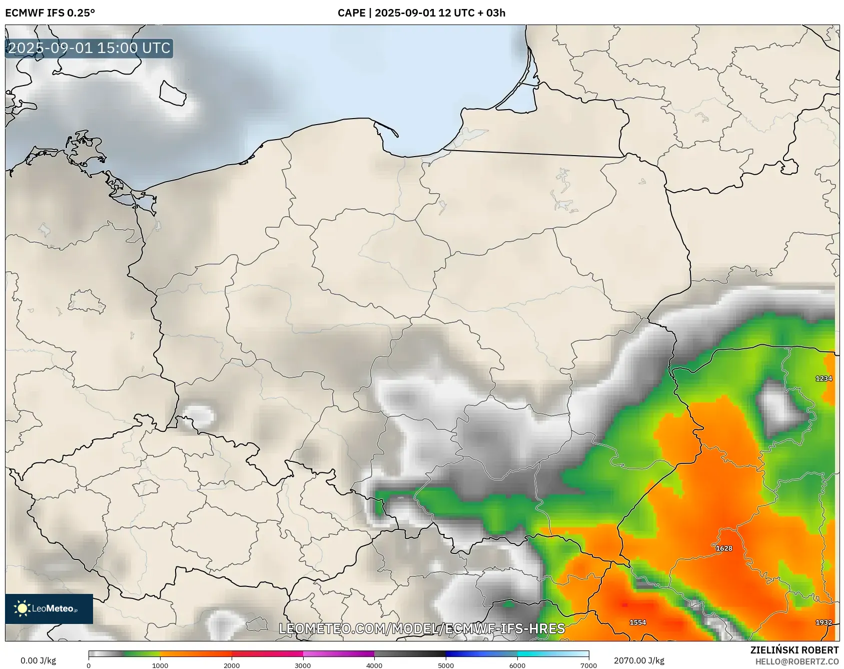 ECMWF IFS 0.25° model - Poland, CAPE ECMWF IFS 0.25° model - Poland, CAPE