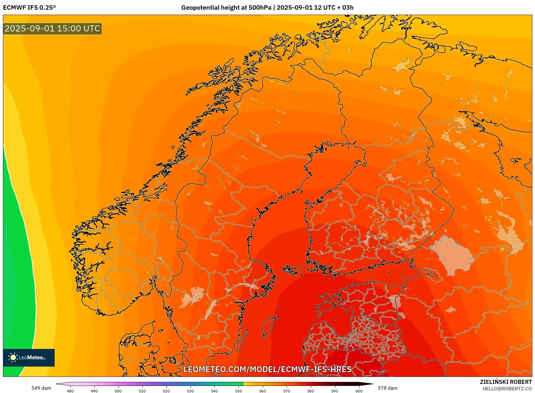 ECMWF IFS 0.25° model - Scandinavia, Geopotential height at 500hPa ECMWF IFS 0.25° model - Scandinavia, Geopotential height at 500hPa