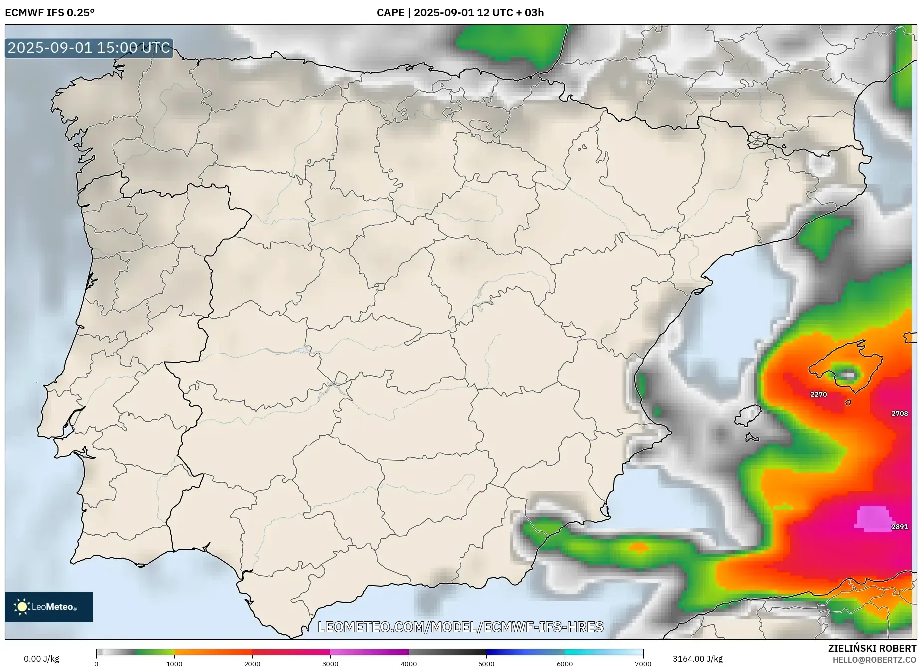 ECMWF IFS 0.25° model - Spain, CAPE ECMWF IFS 0.25° model - Spain, CAPE