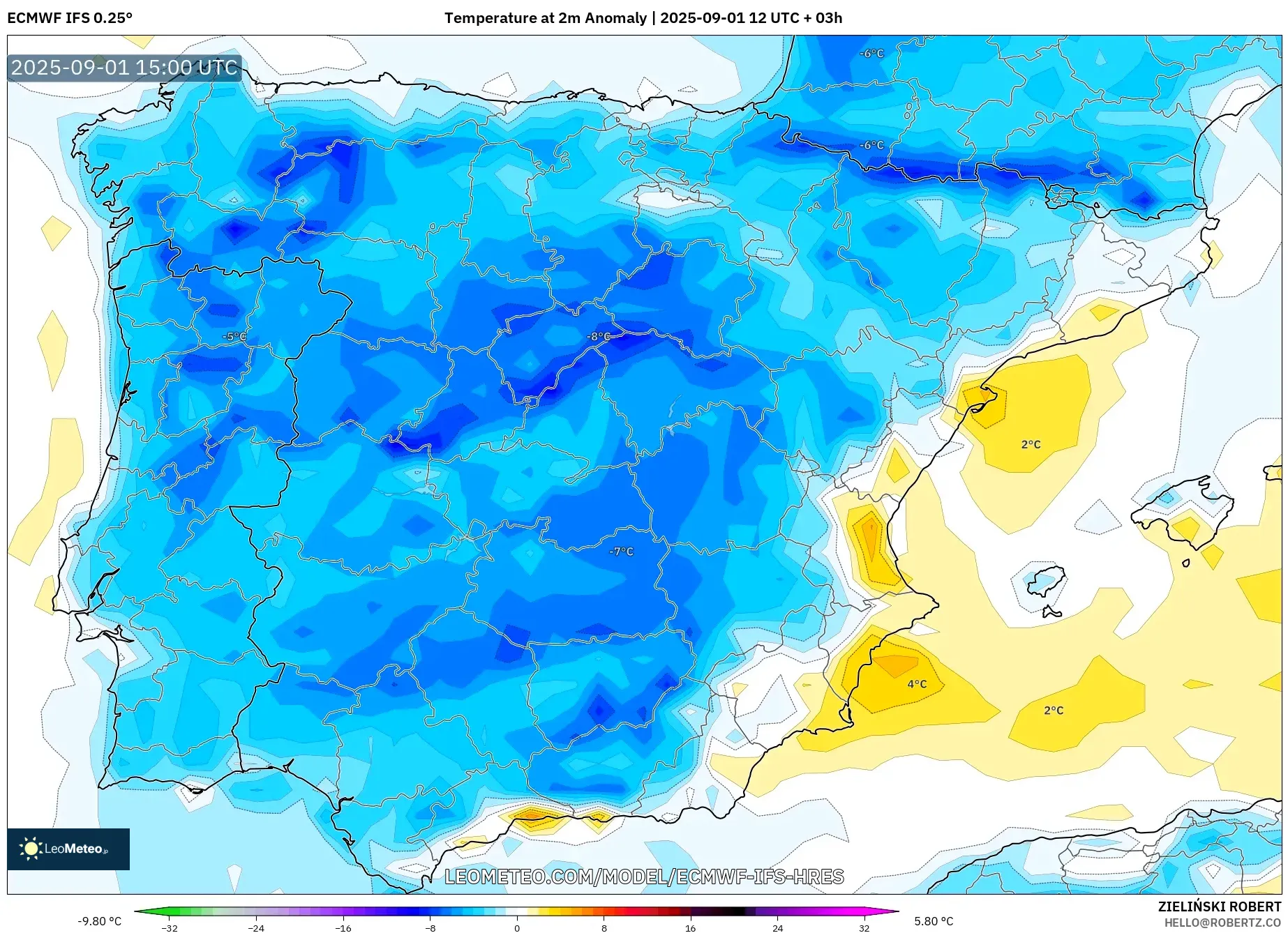 ECMWF IFS 0.25° model - Spain, Temperature at 2m Anomaly ECMWF IFS 0.25° model - Spain, Temperature at 2m Anomaly