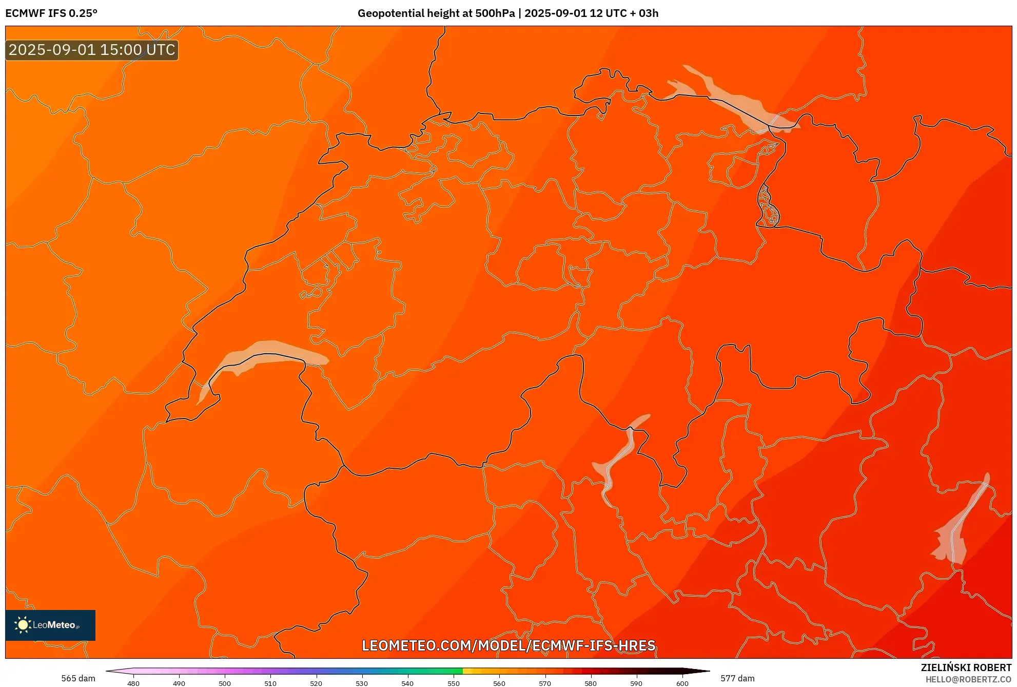 ECMWF IFS 0.25° model - Switzerland, Geopotential height at 500hPa ECMWF IFS 0.25° model - Switzerland, Geopotential height at 500hPa