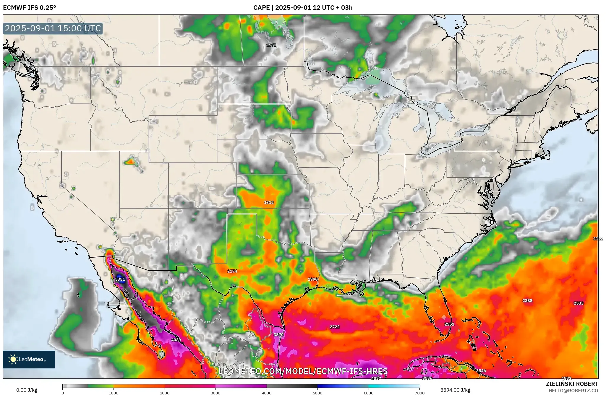 ECMWF IFS 0.25° model - United States, CAPE ECMWF IFS 0.25° model - United States, CAPE
