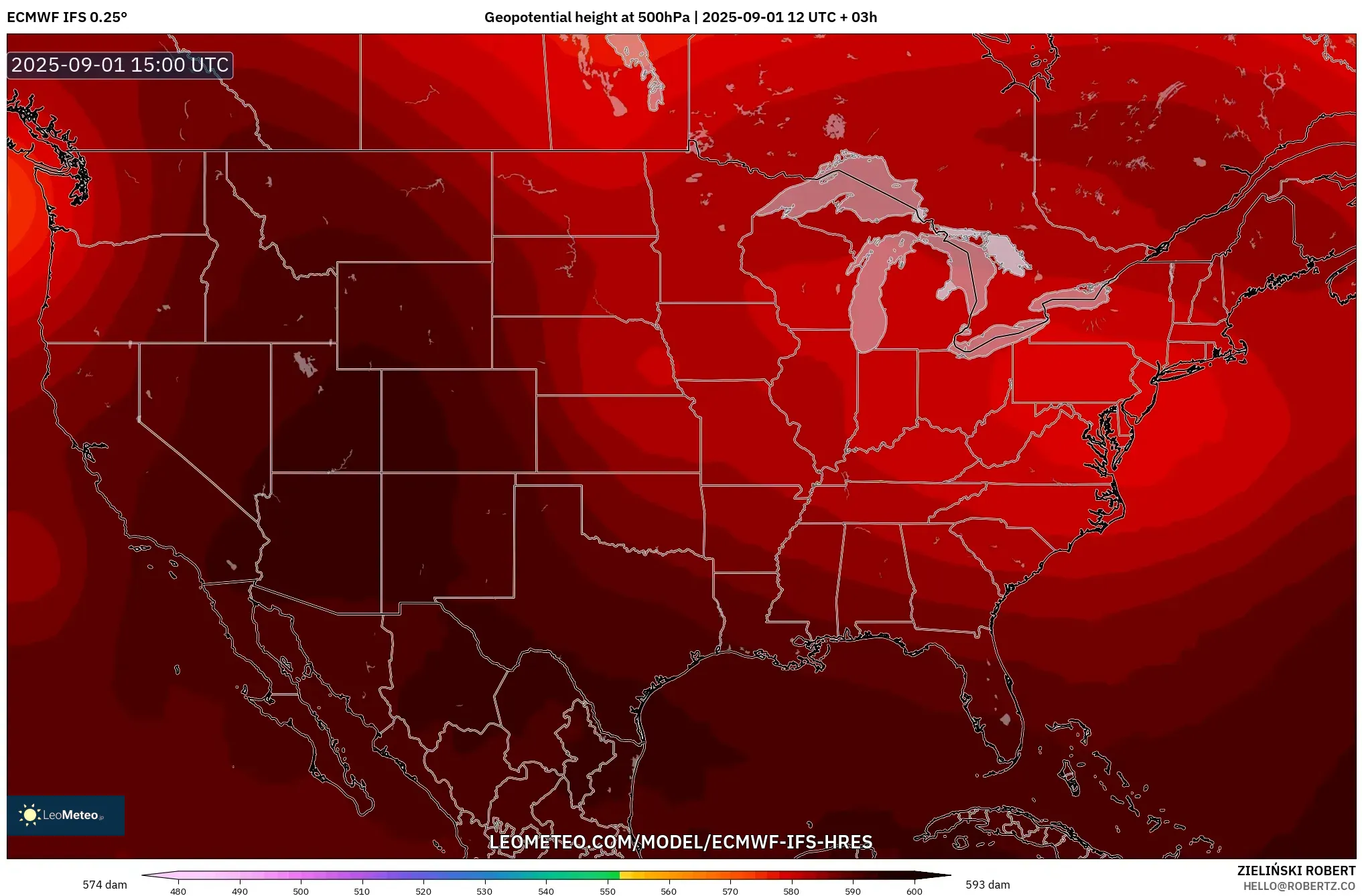 ECMWF IFS 0.25° model - United States, Geopotential height at 500hPa ECMWF IFS 0.25° model - United States, Geopotential height at 500hPa