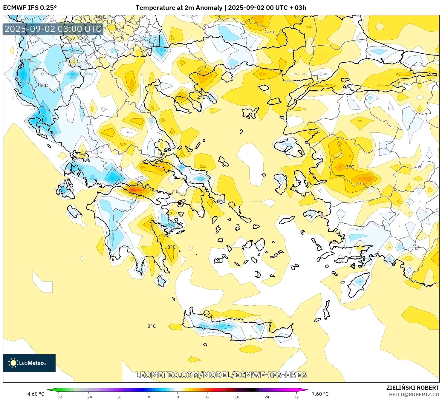 ECMWF IFS 0.25° model - Greece, Temperature at 2m Anomaly ECMWF IFS 0.25° model - Greece, Temperature at 2m Anomaly
