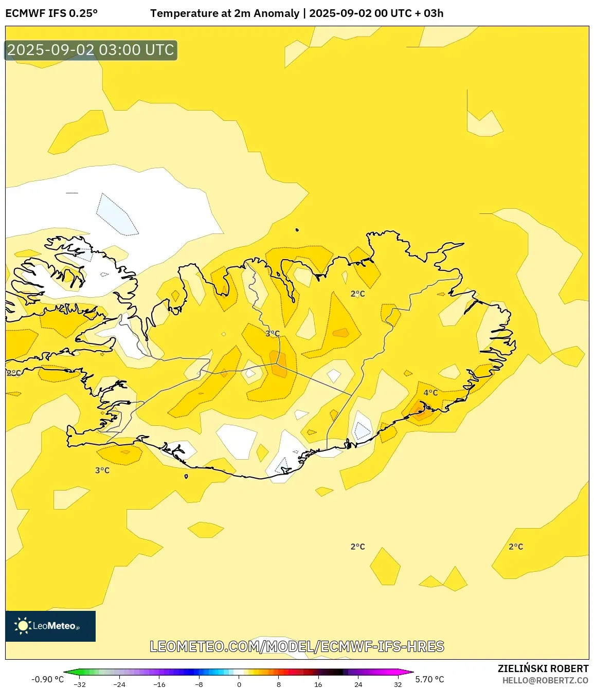 ECMWF IFS 0.25° model - Iceland, Temperature at 2m Anomaly ECMWF IFS 0.25° model - Iceland, Temperature at 2m Anomaly