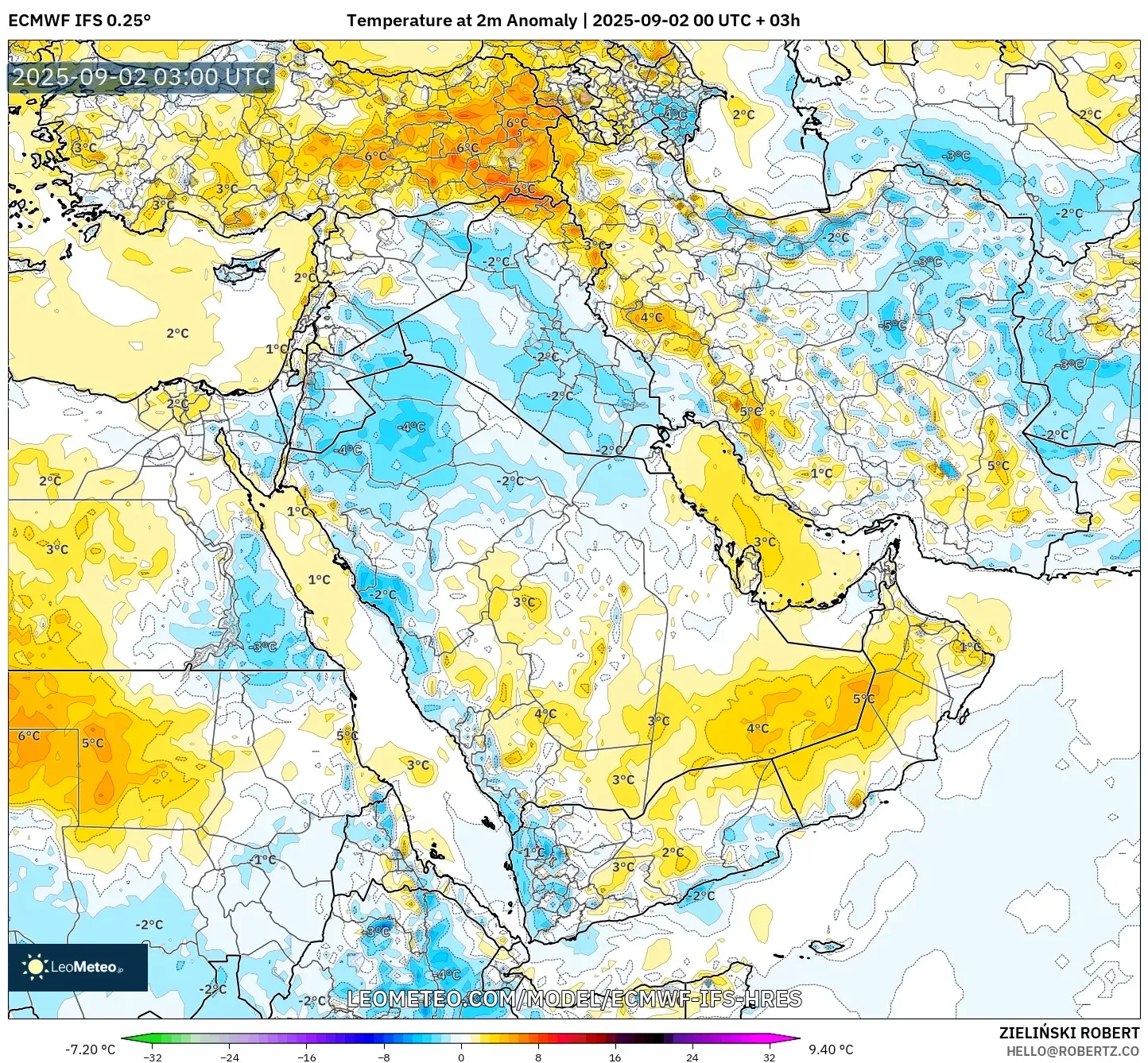 ECMWF IFS 0.25° model - Middle East, Temperature at 2m Anomaly ECMWF IFS 0.25° model - Middle East, Temperature at 2m Anomaly