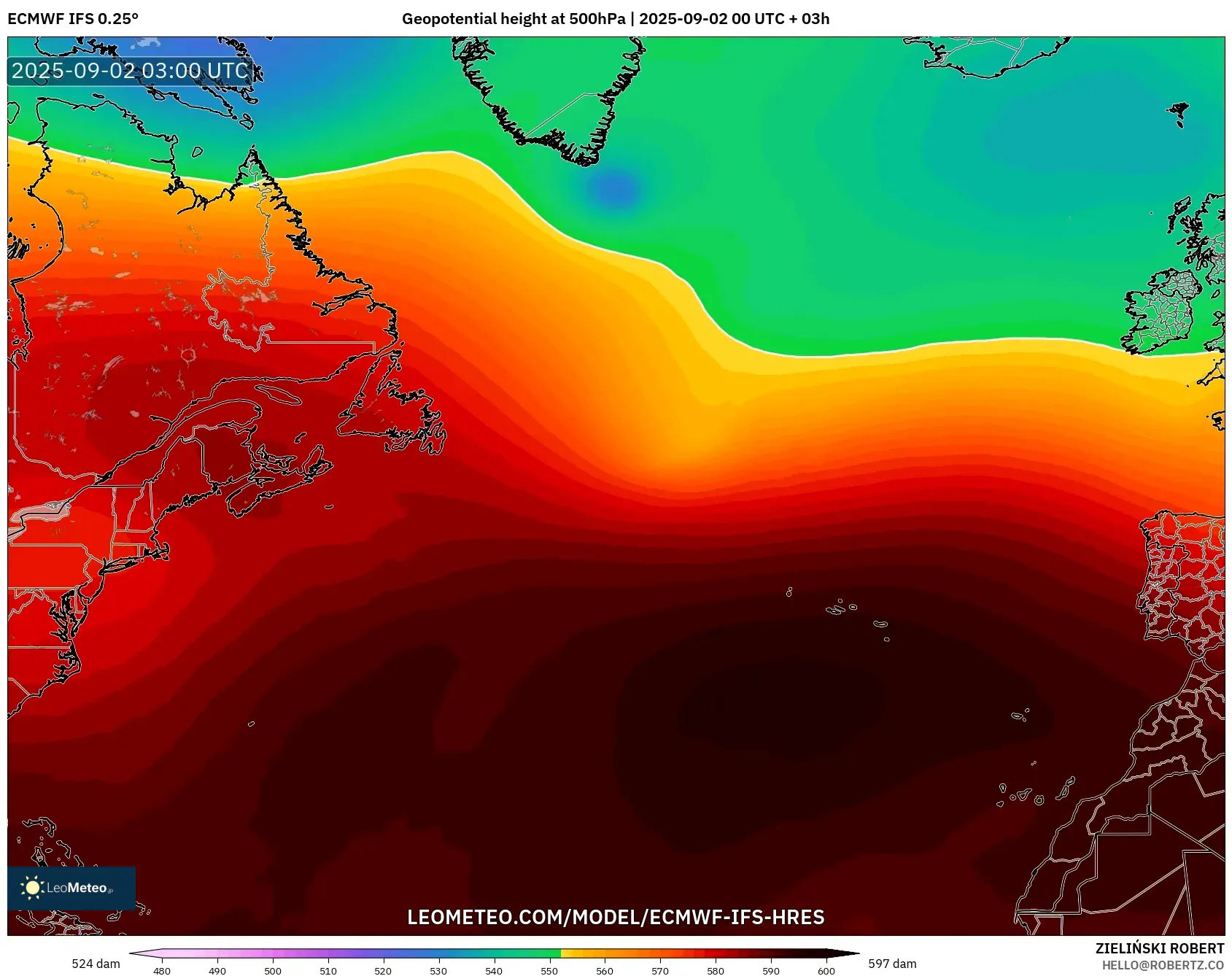 ECMWF IFS 0.25° model - North Atlantic, Geopotential height at 500hPa ECMWF IFS 0.25° model - North Atlantic, Geopotential height at 500hPa