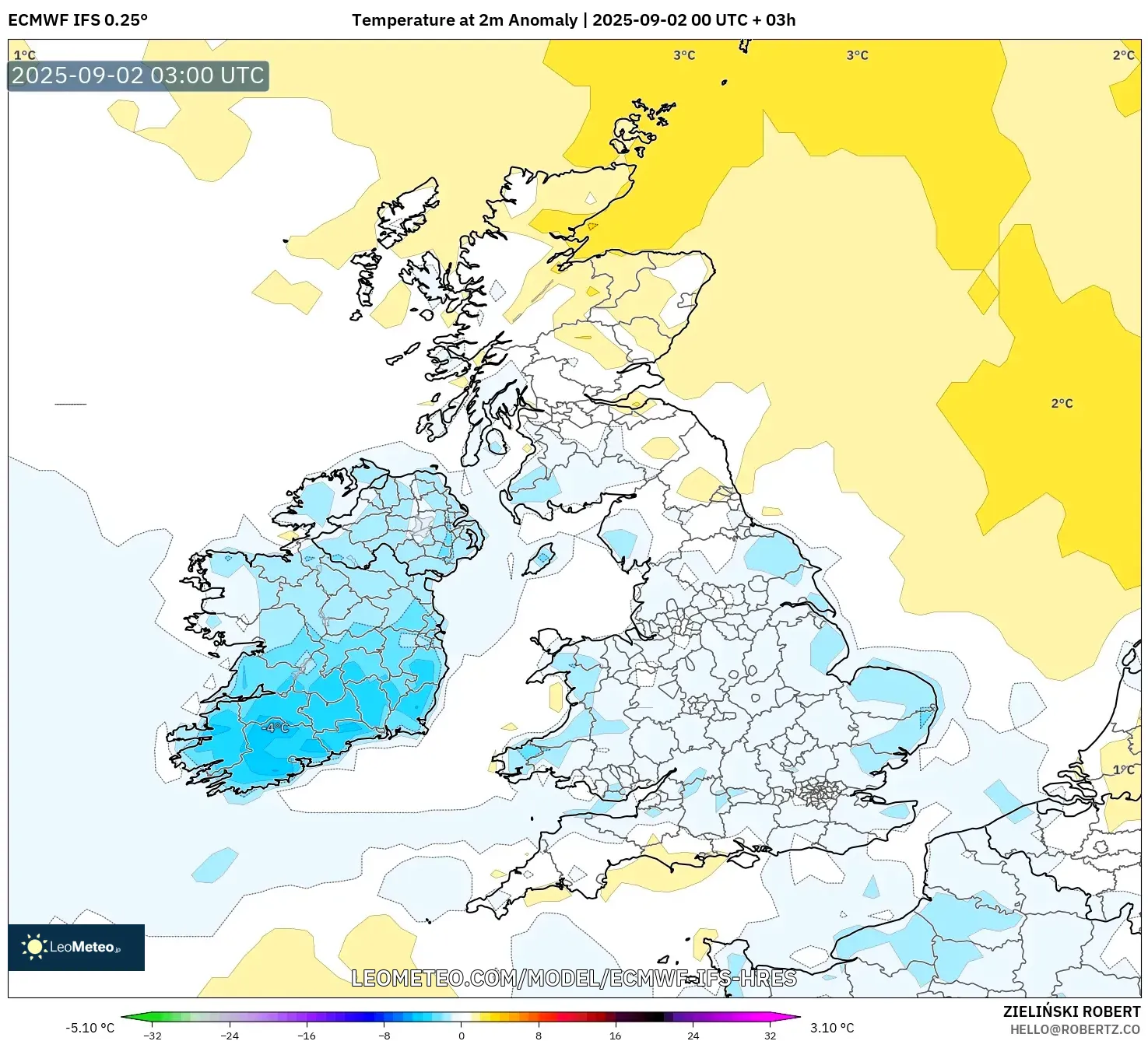 ECMWF IFS 0.25° model - United Kingdom, Temperature at 2m Anomaly ECMWF IFS 0.25° model - United Kingdom, Temperature at 2m Anomaly