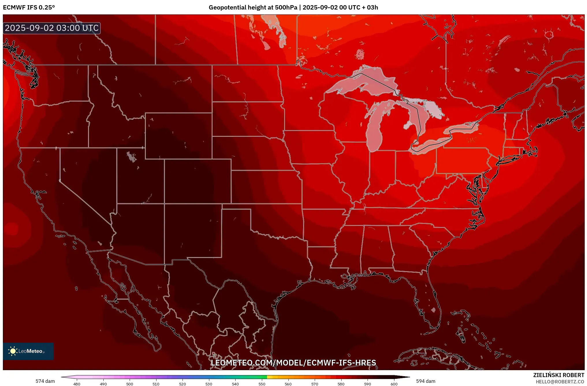 ECMWF IFS 0.25° model - United States, Geopotential height at 500hPa ECMWF IFS 0.25° model - United States, Geopotential height at 500hPa