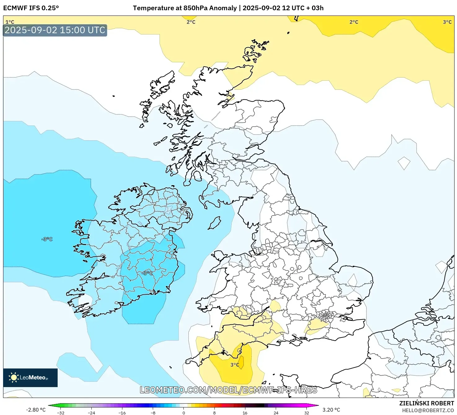ECMWF IFS 0.25° model - United Kingdom, Temperature at 850hPa Anomaly ECMWF IFS 0.25° model - United Kingdom, Temperature at 850hPa Anomaly