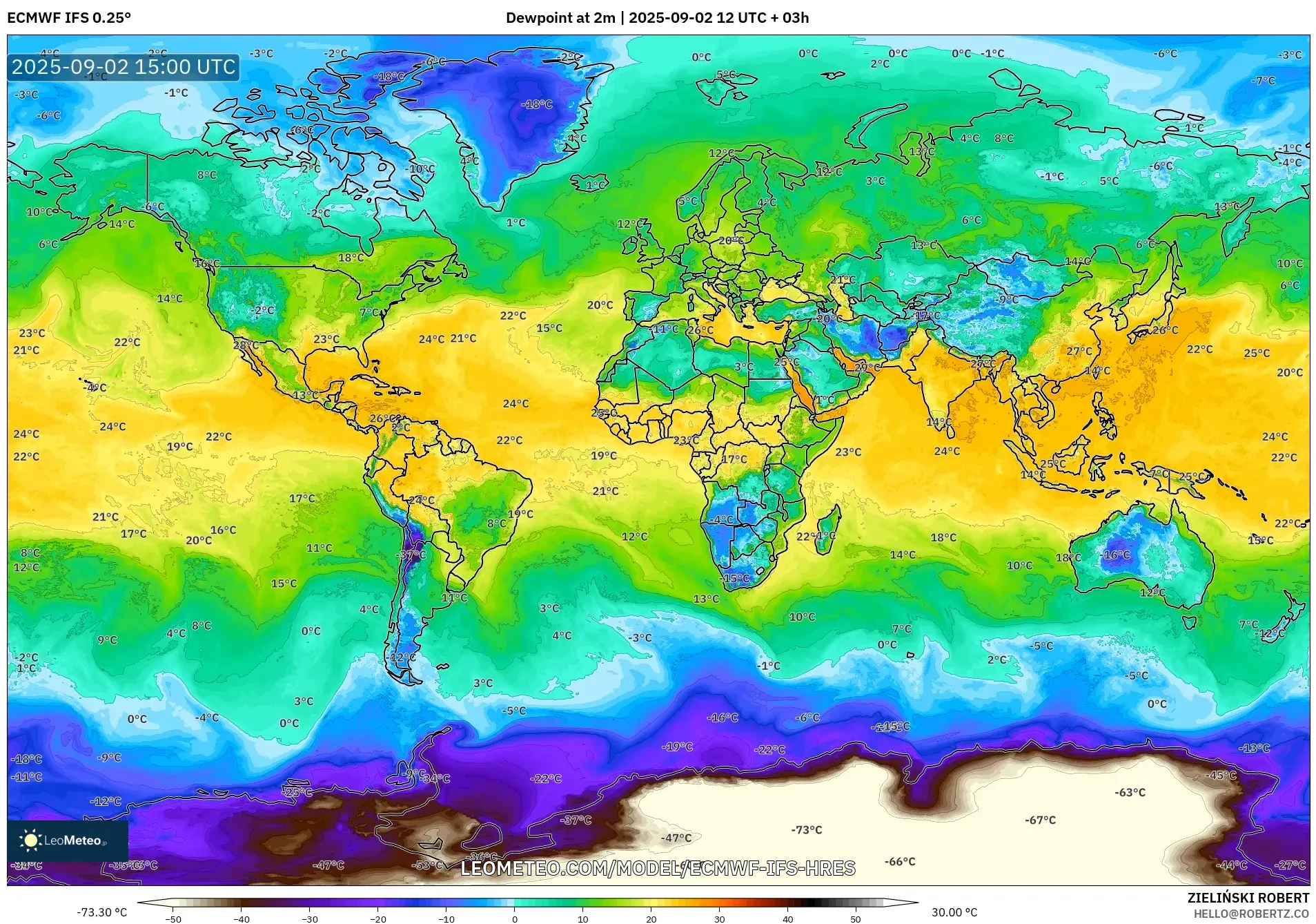 ECMWF IFS 0.25° model - World, Dewpoint at 2m ECMWF IFS 0.25° model - World, Dewpoint at 2m