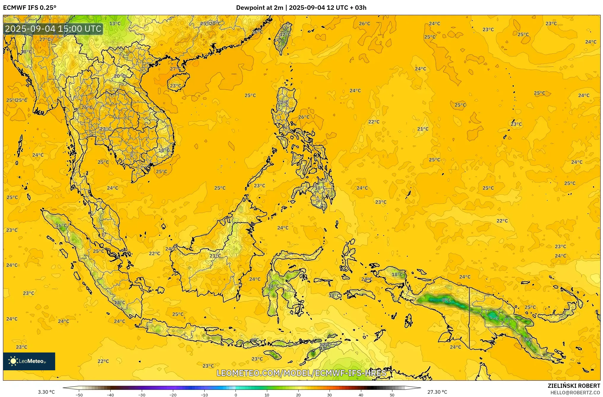 ECMWF IFS 0.25° model - South East Asia, Dewpoint at 2m ECMWF IFS 0.25° model - South East Asia, Dewpoint at 2m