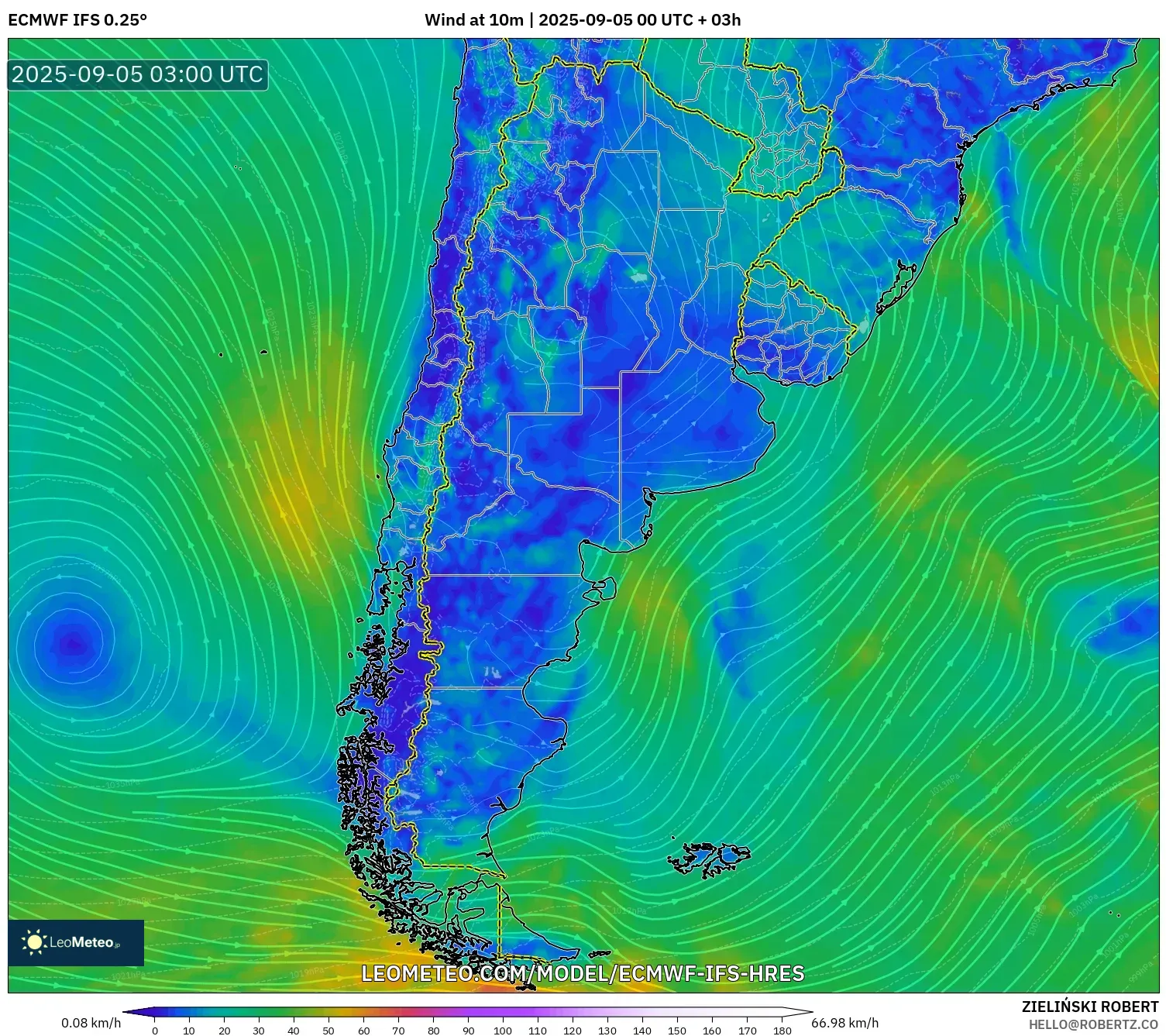 ECMWF IFS 0.25° model - Argentina, Wind at 10m ECMWF IFS 0.25° model - Argentina, Wind at 10m