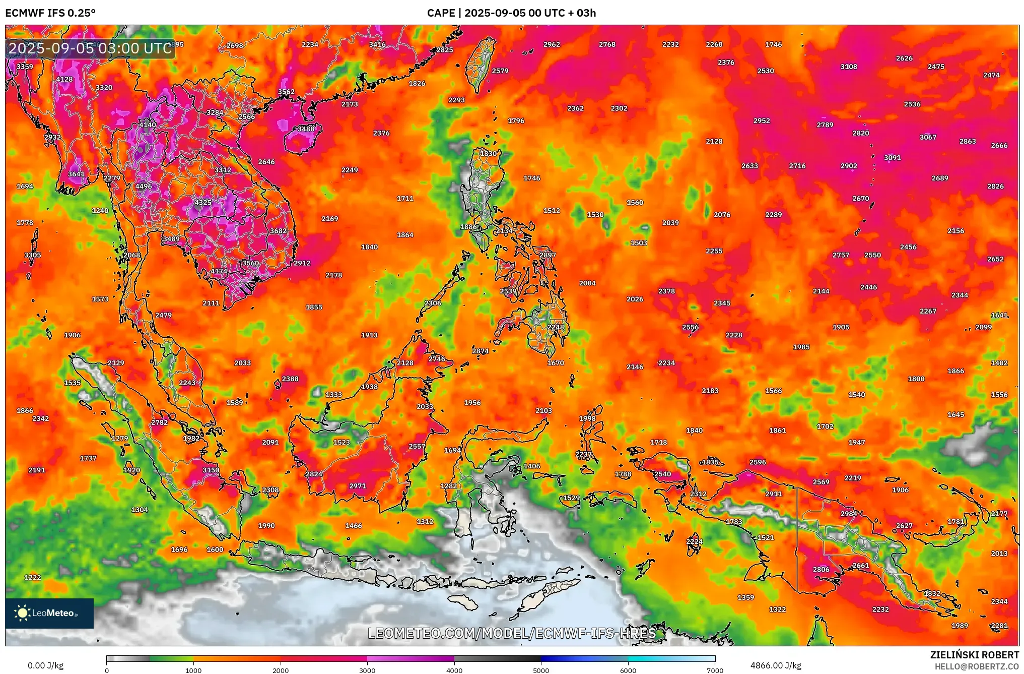 ECMWF IFS 0.25° model - South East Asia, CAPE ECMWF IFS 0.25° model - South East Asia, CAPE
