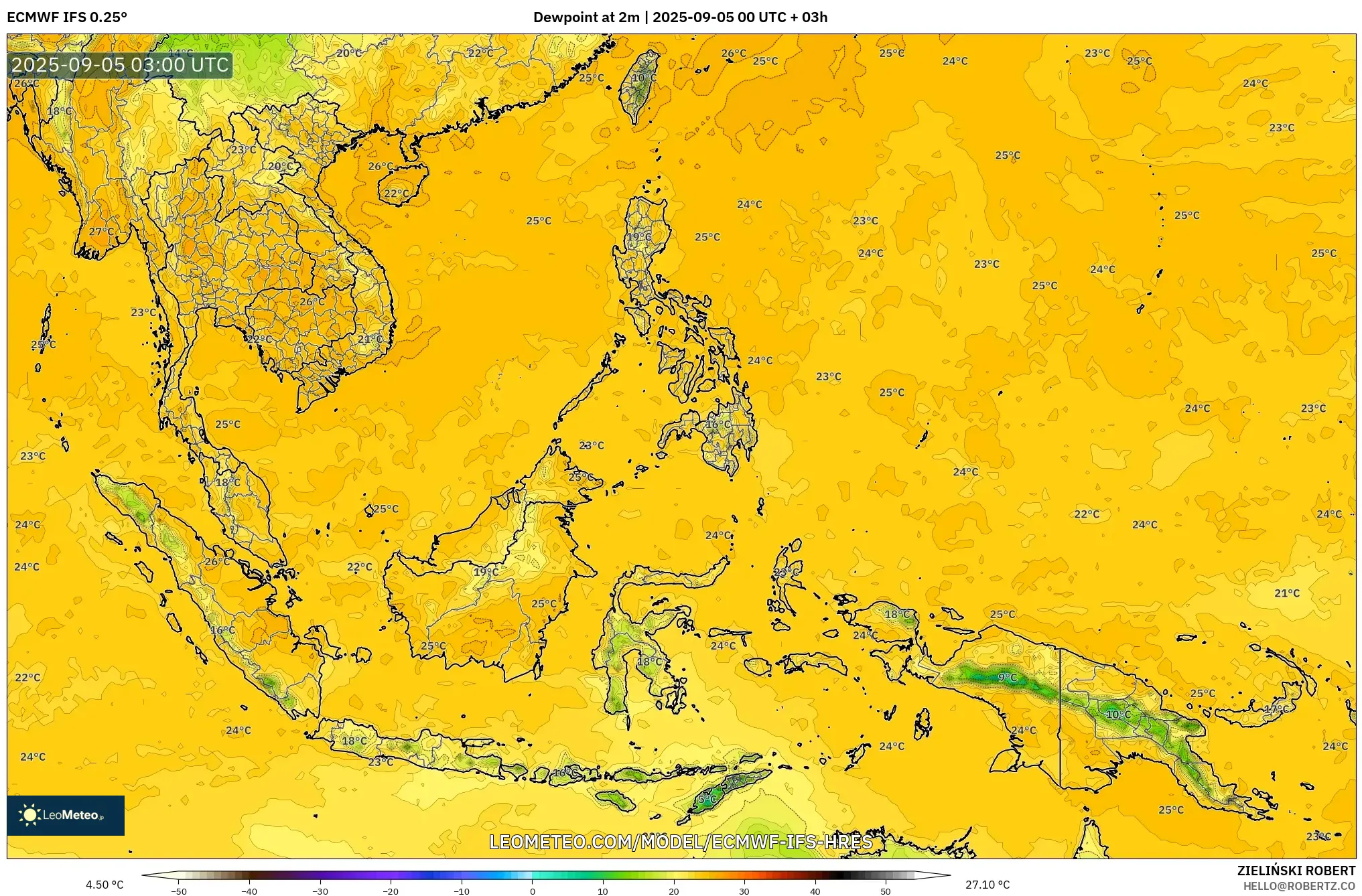ECMWF IFS 0.25° model - South East Asia, Dewpoint at 2m