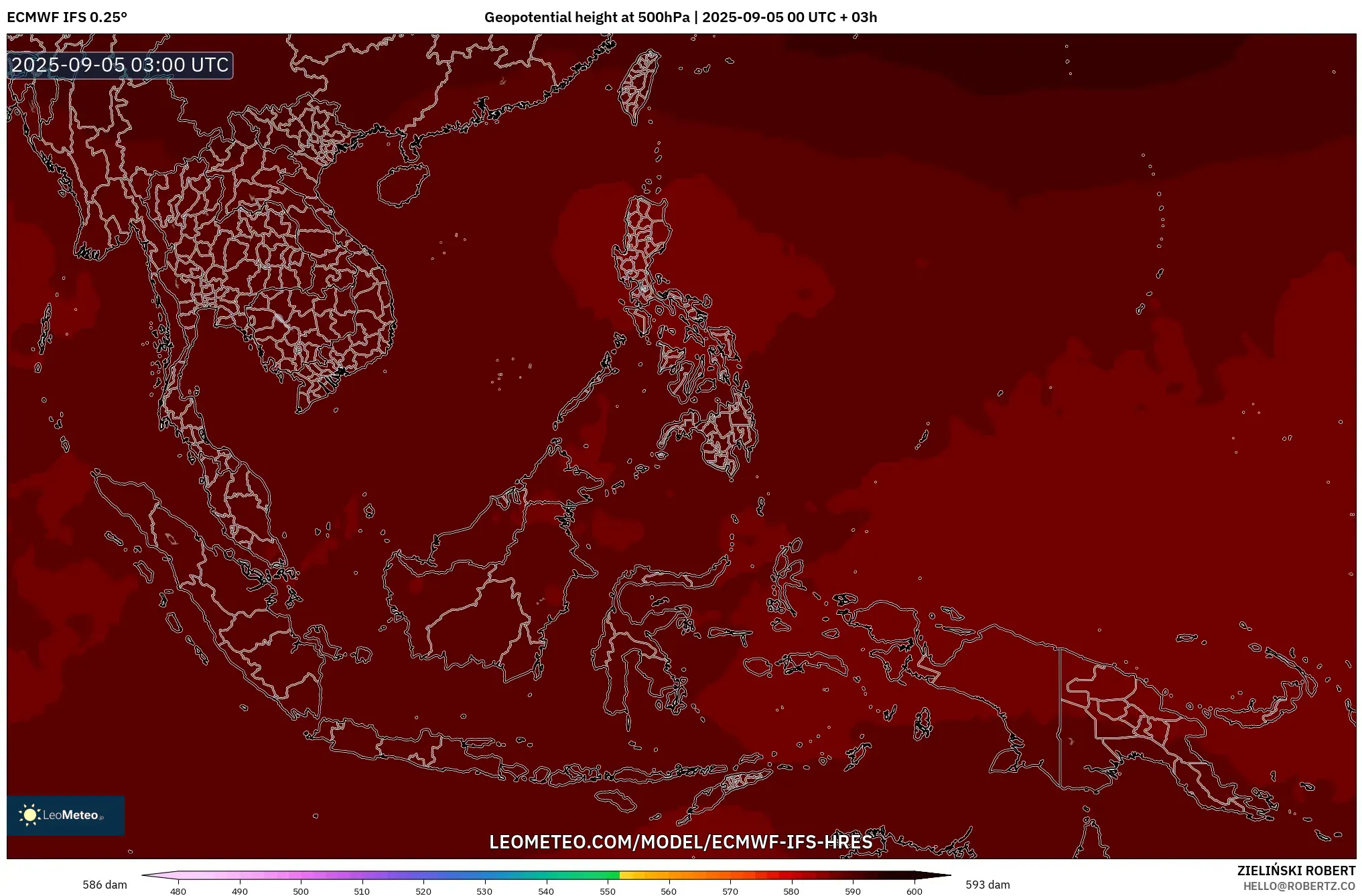 ECMWF IFS 0.25° model - South East Asia, Geopotential height at 500hPa