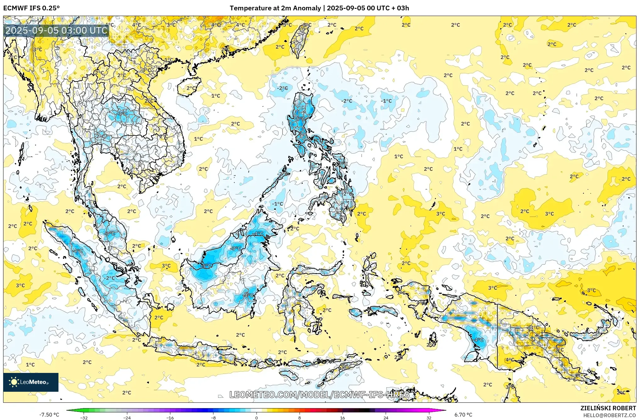 ECMWF IFS 0.25° model - South East Asia, Temperature at 2m Anomaly ECMWF IFS 0.25° model - South East Asia, Temperature at 2m Anomaly