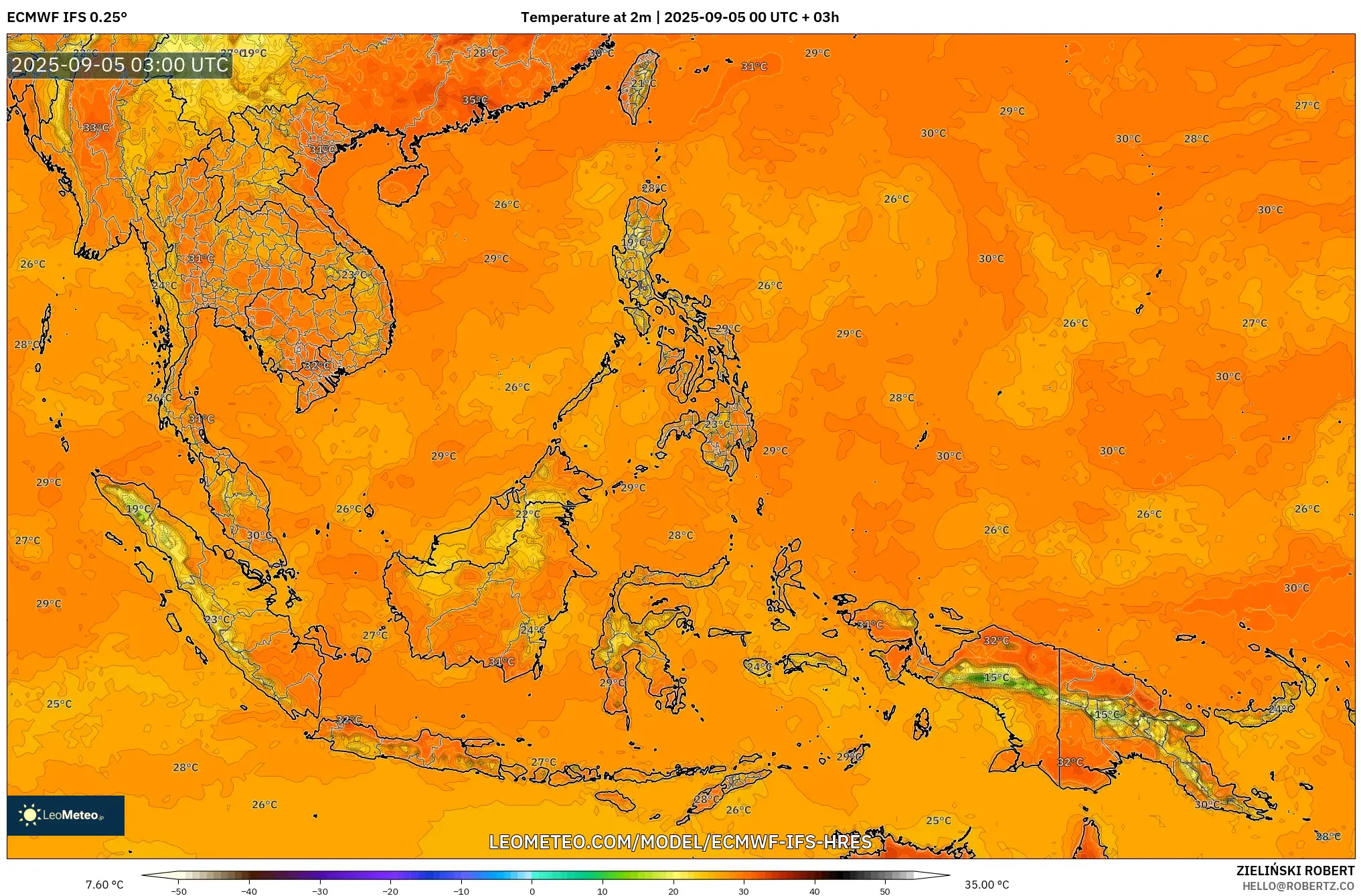 ECMWF IFS 0.25° model - South East Asia, Temperature at 2m ECMWF IFS 0.25° model - South East Asia, Temperature at 2m