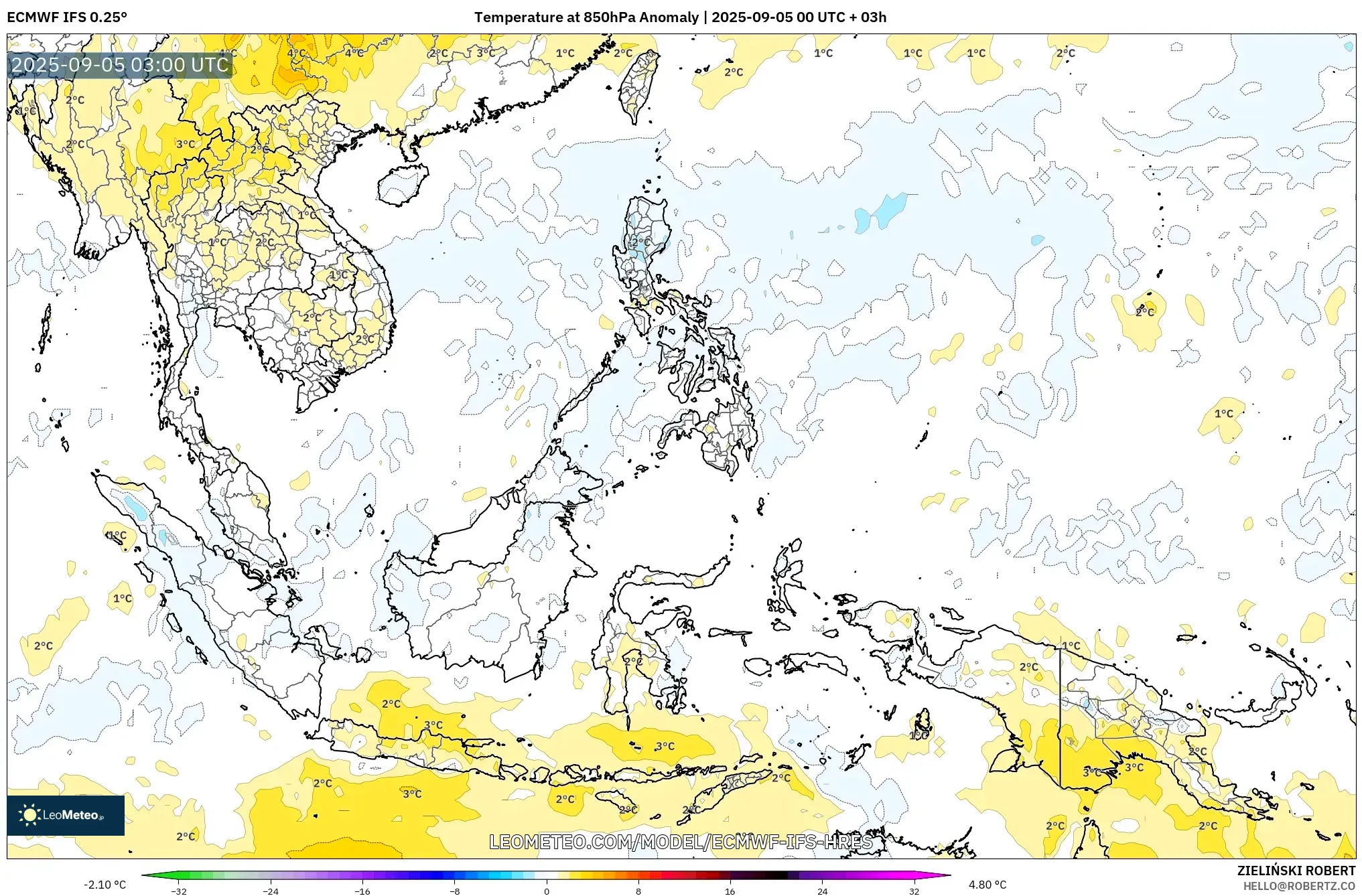 ECMWF IFS 0.25° model - South East Asia, Temperature at 850hPa Anomaly ECMWF IFS 0.25° model - South East Asia, Temperature at 850hPa Anomaly