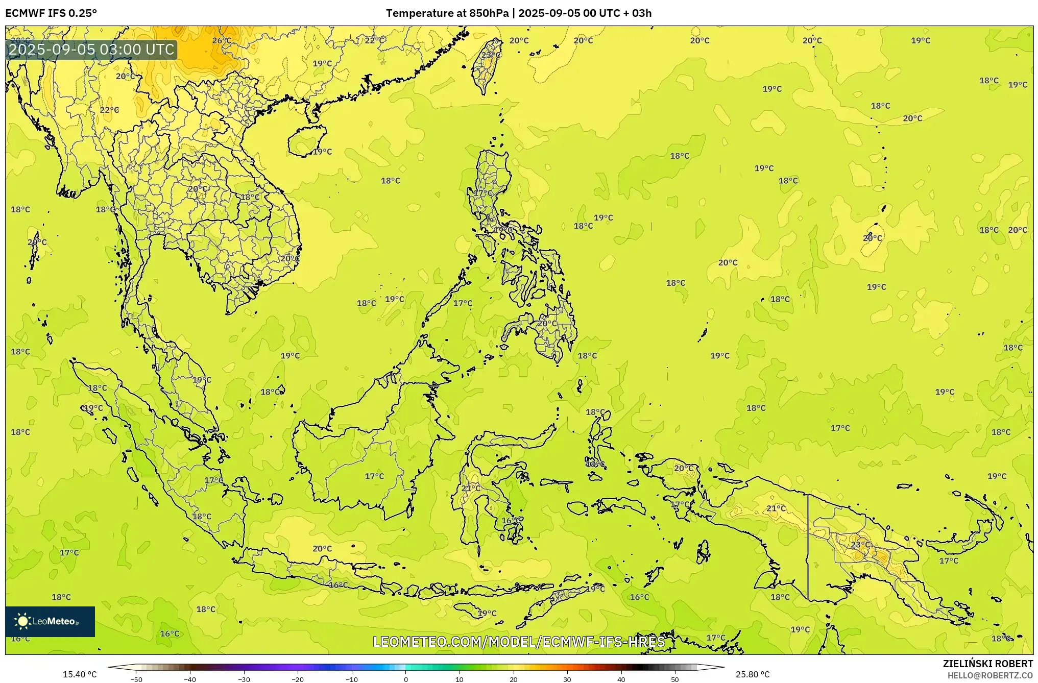 ECMWF IFS 0.25° model - South East Asia, Temperature at 850hPa