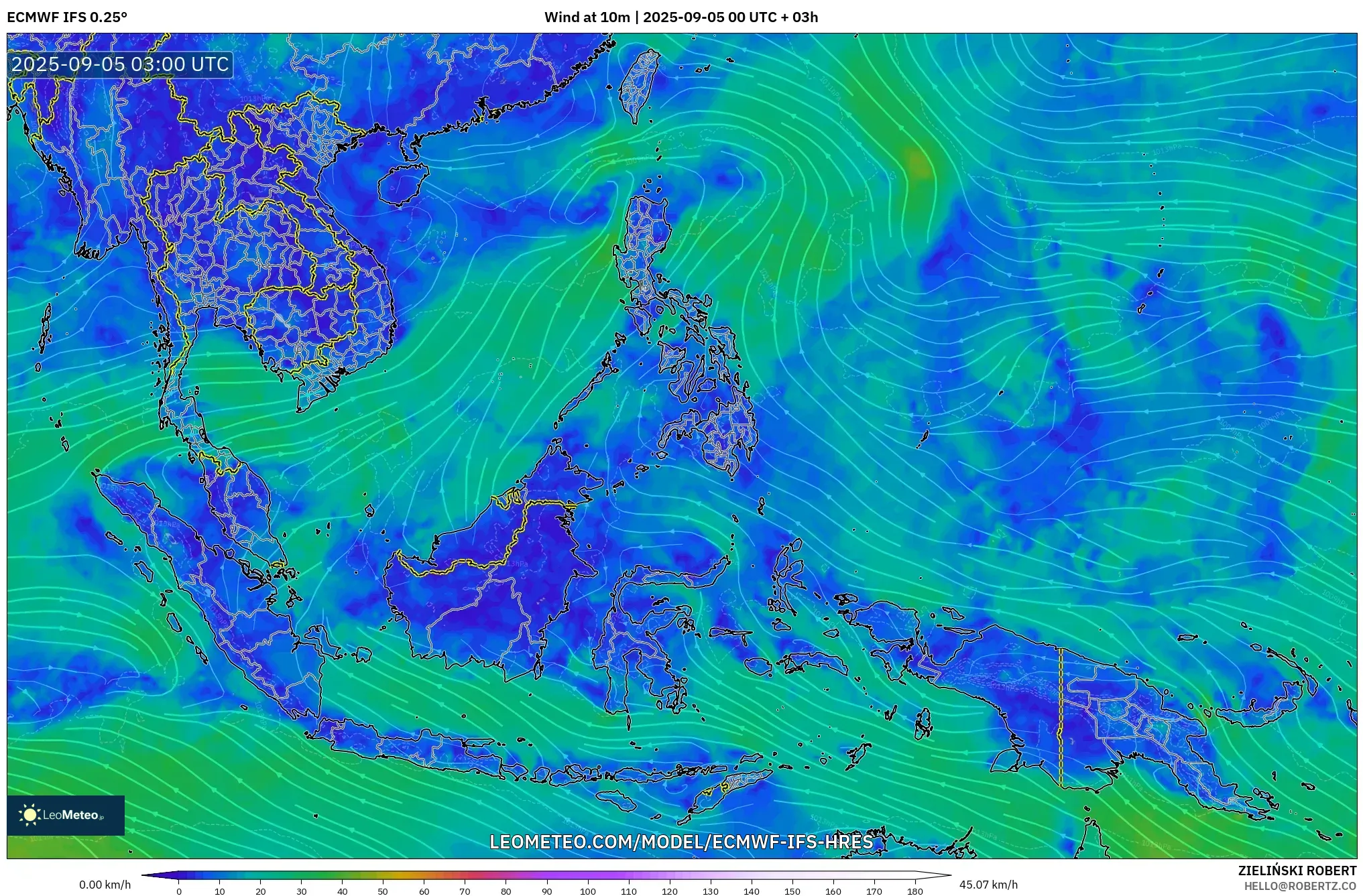 ECMWF IFS 0.25° model - South East Asia, Wind at 10m