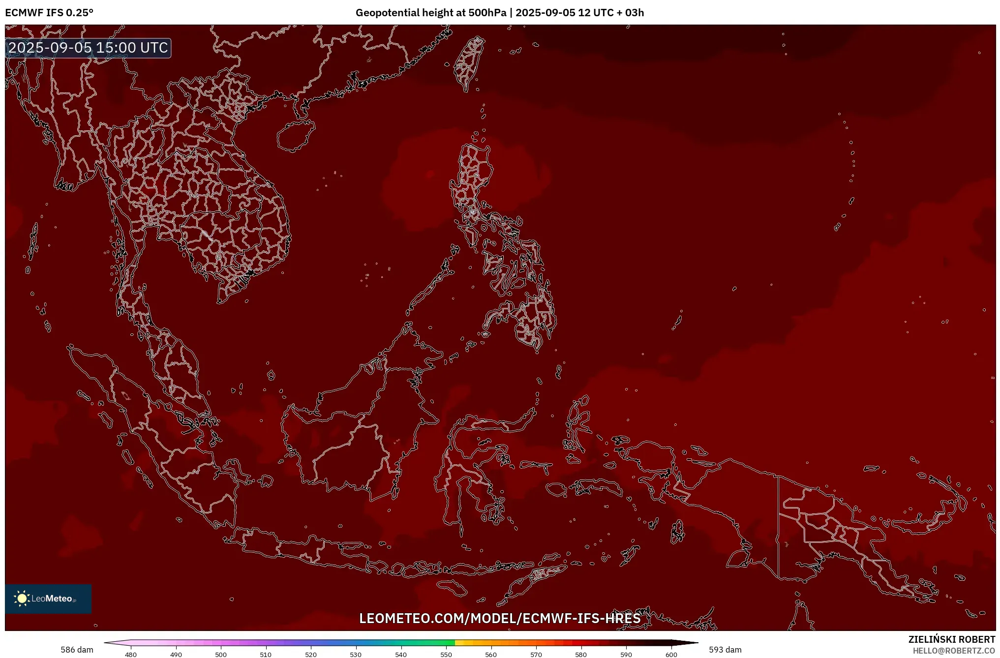 ECMWF IFS 0.25° model - South East Asia, Geopotential height at 500hPa