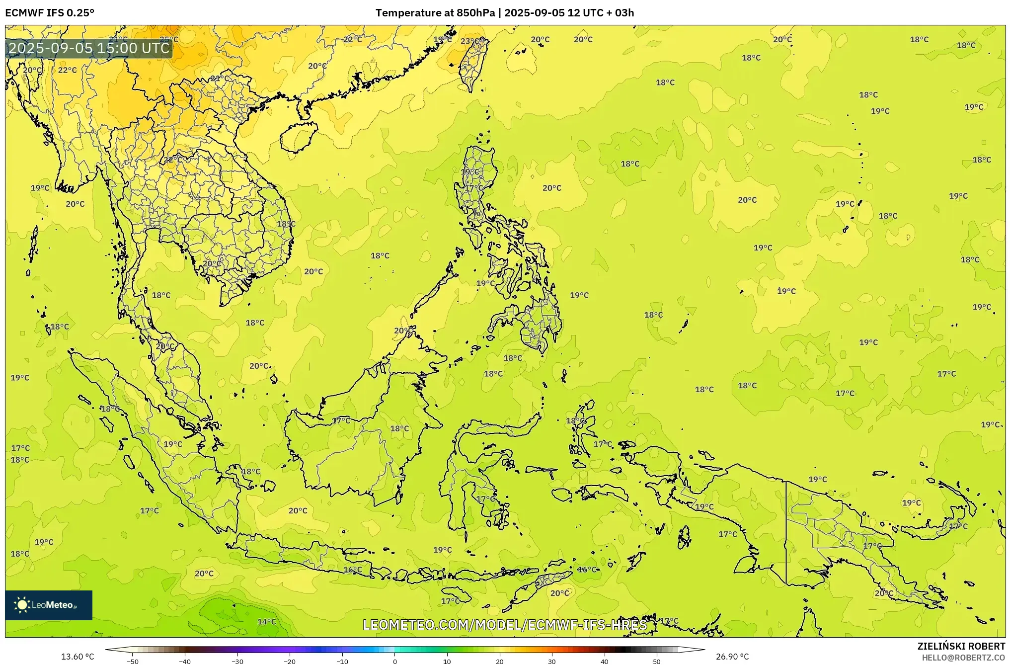 ECMWF IFS 0.25° model - South East Asia, Temperature at 850hPa
