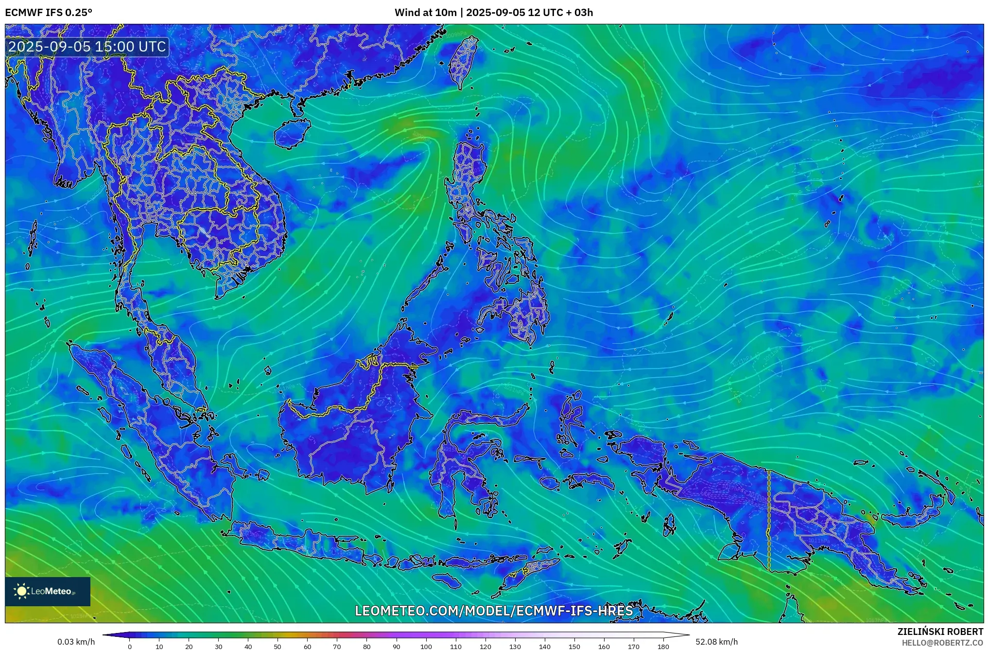 ECMWF IFS 0.25° model - South East Asia, Wind at 10m ECMWF IFS 0.25° model - South East Asia, Wind at 10m