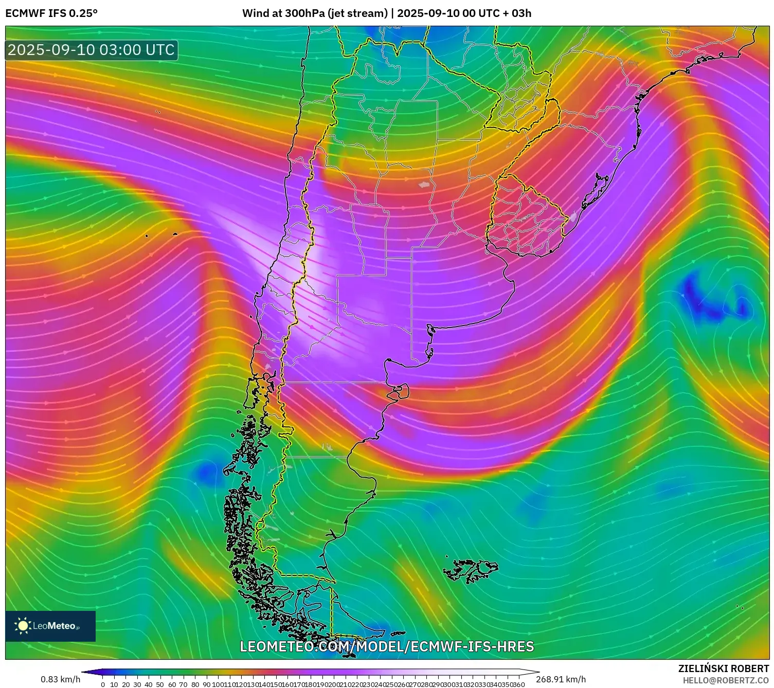 ECMWF IFS 0.25° model - Argentina, Wind at 300hPa (jet stream)
