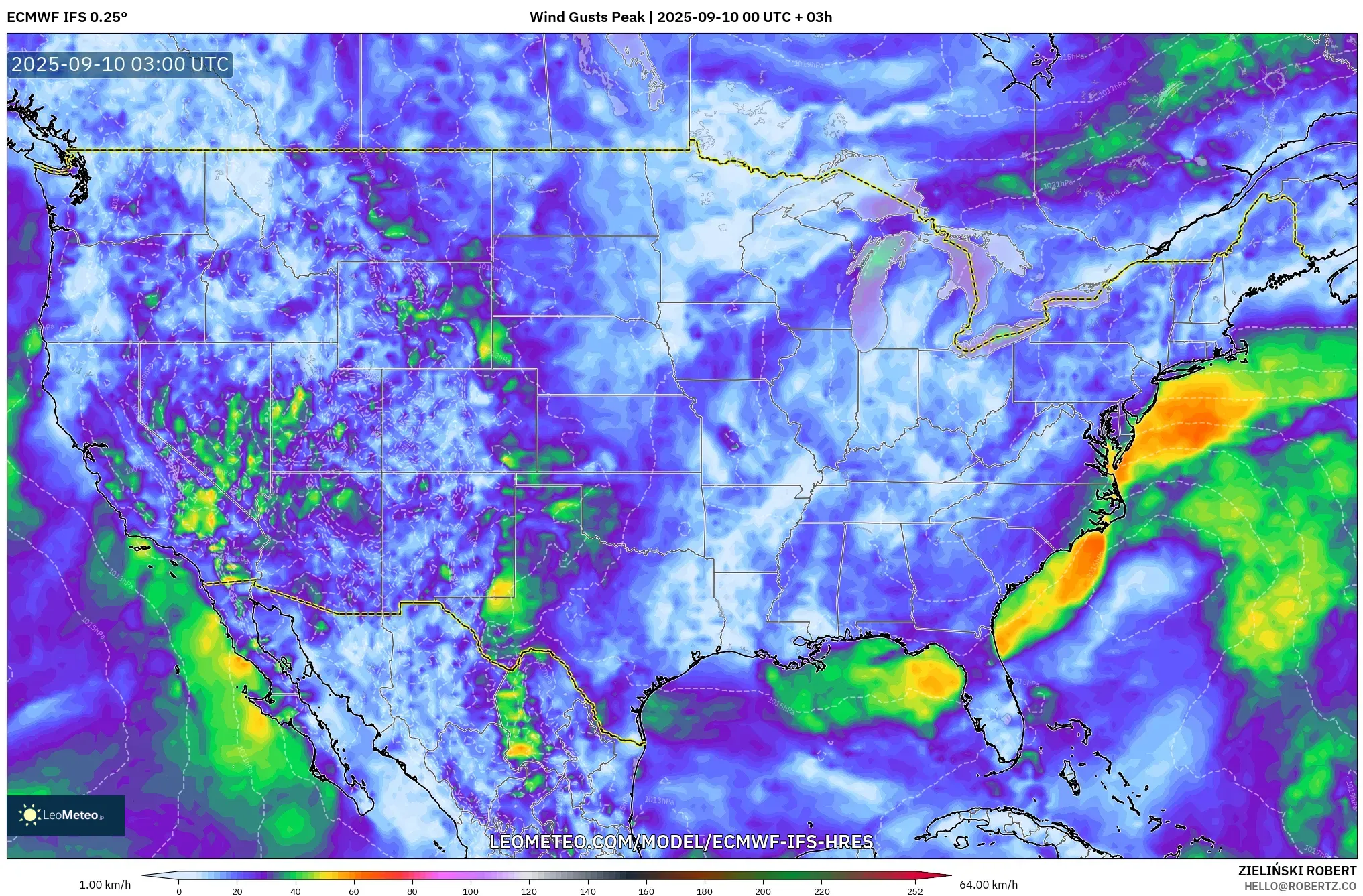 ECMWF IFS 0.25° model - United States, Wind Gusts Peak ECMWF IFS 0.25° model - United States, Wind Gusts Peak