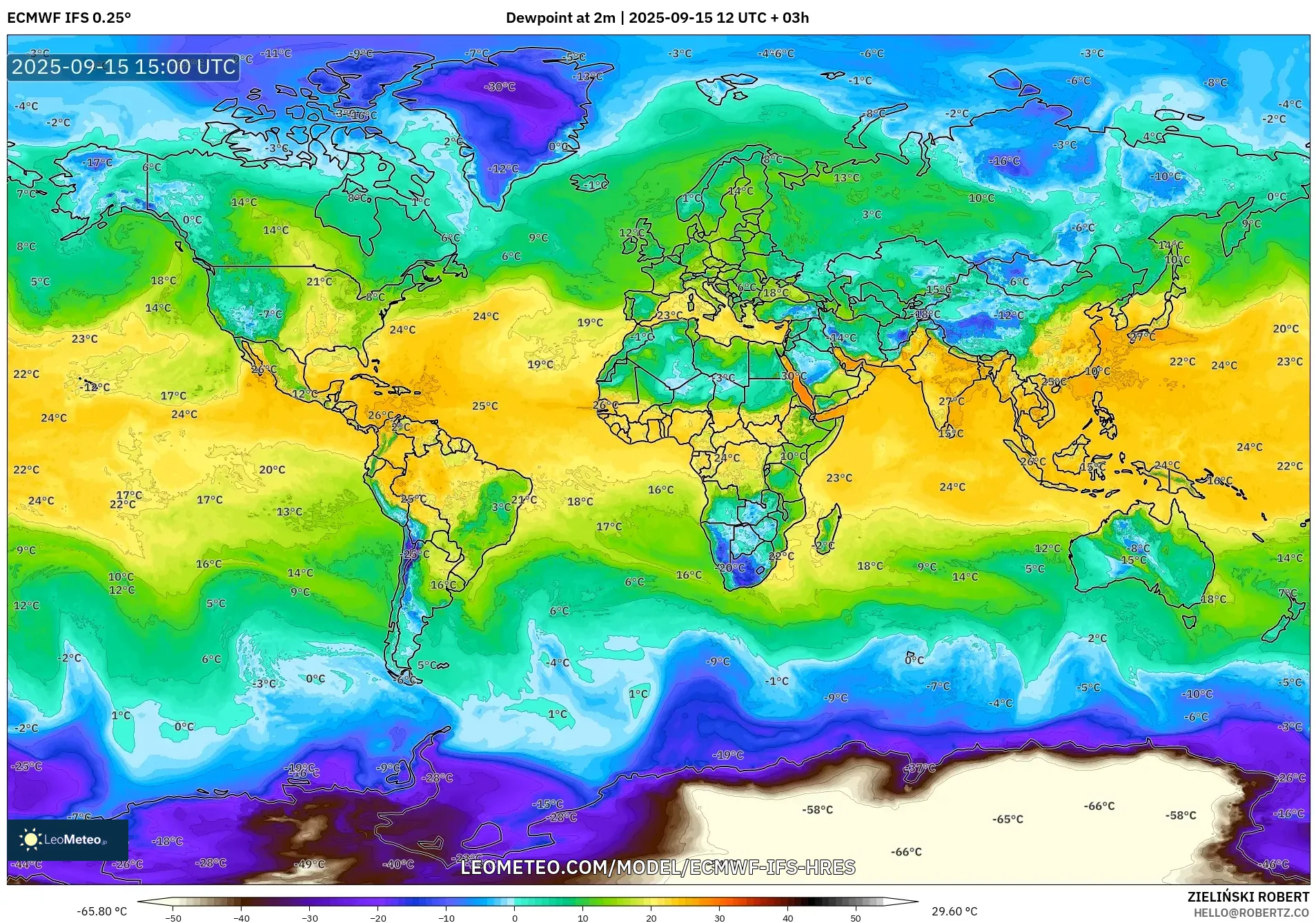 ECMWF IFS 0.25° model - World, Dewpoint at 2m