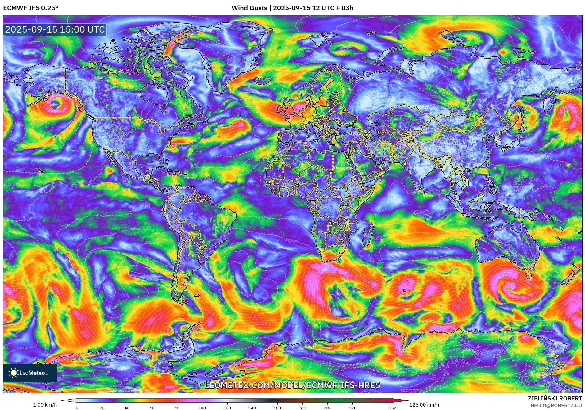 ECMWF IFS 0.25° model - World, Wind Gusts